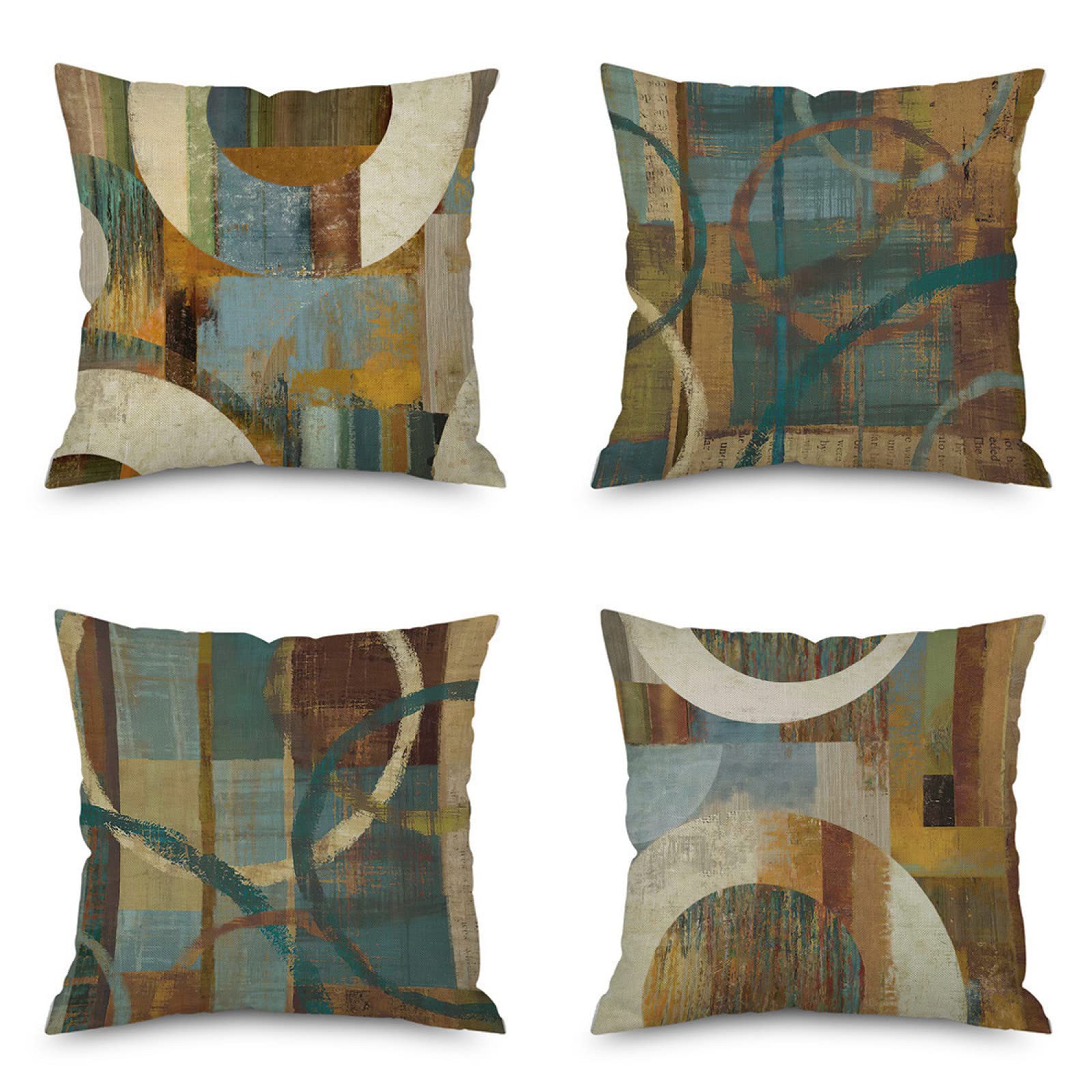 Taie d'oreiller 60x60cm en lin jaune et bleu avec fermeture éclair dissimulée, lot de 4