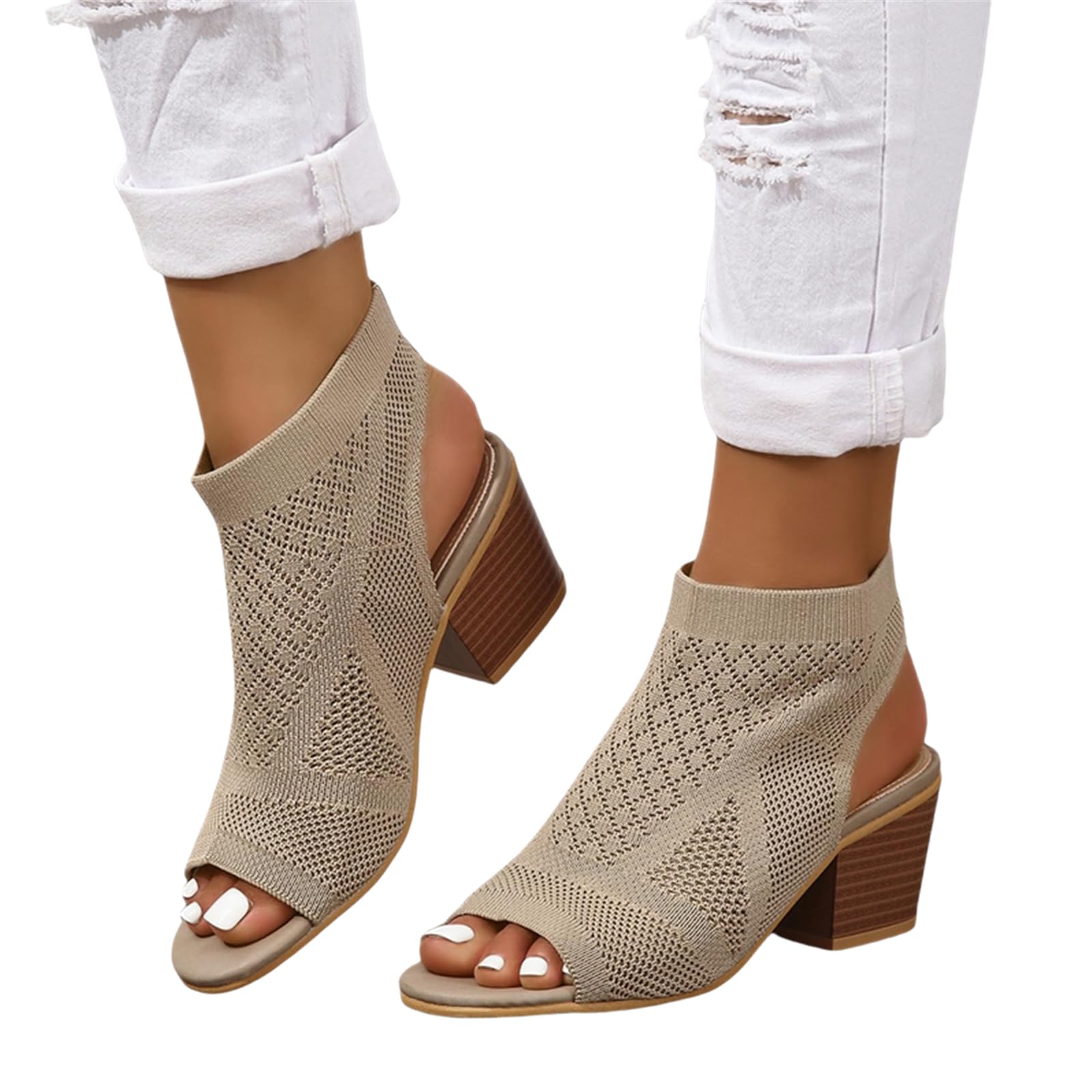 Heeled Sandals for Women Elastic Slingback Open Toe Chunky Block Heel Heels Summer Dressy Knit Stacked Heel Breathable Sandal