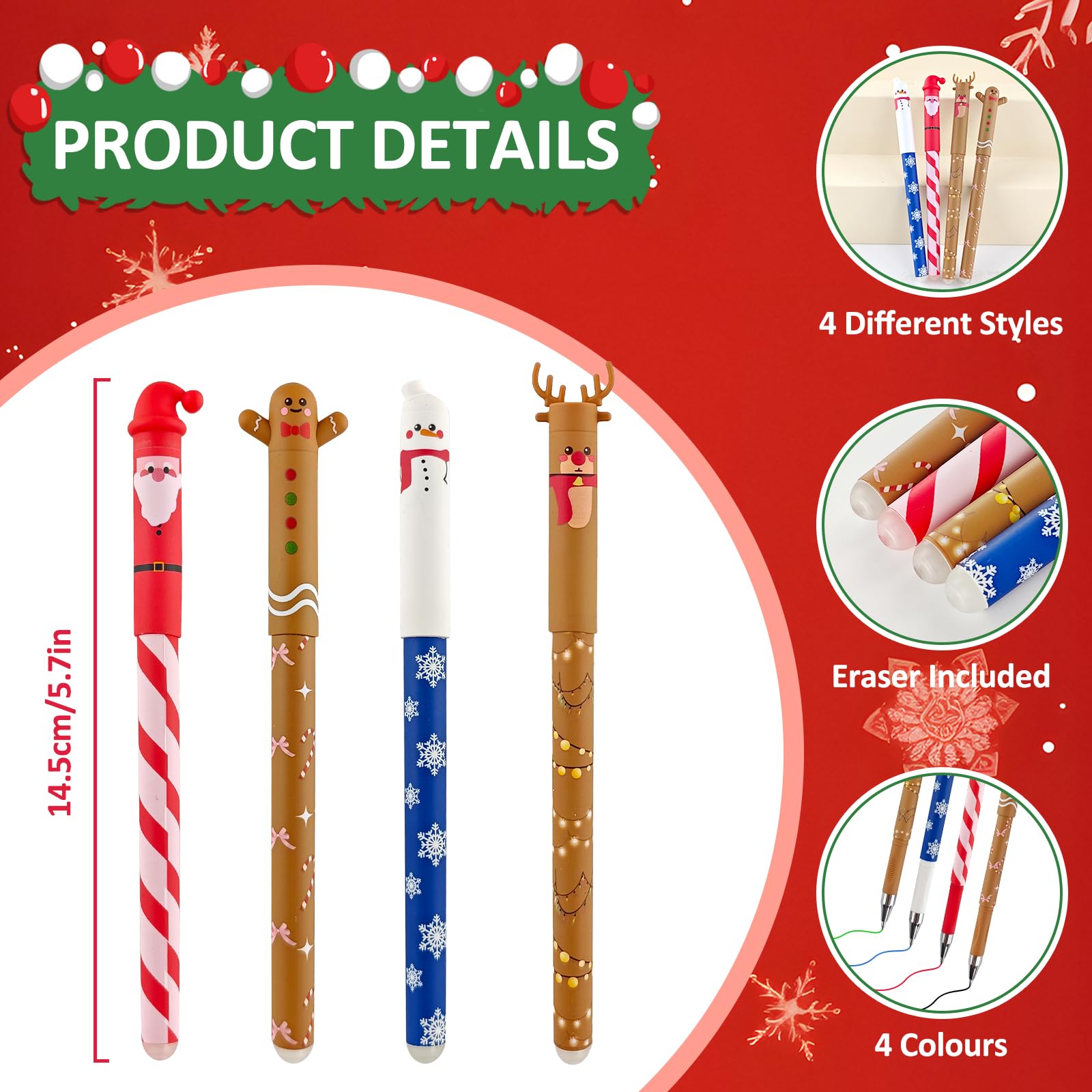 Set di 4 penne natalizie, penne gel cancellabili, punta da 0,7 mm