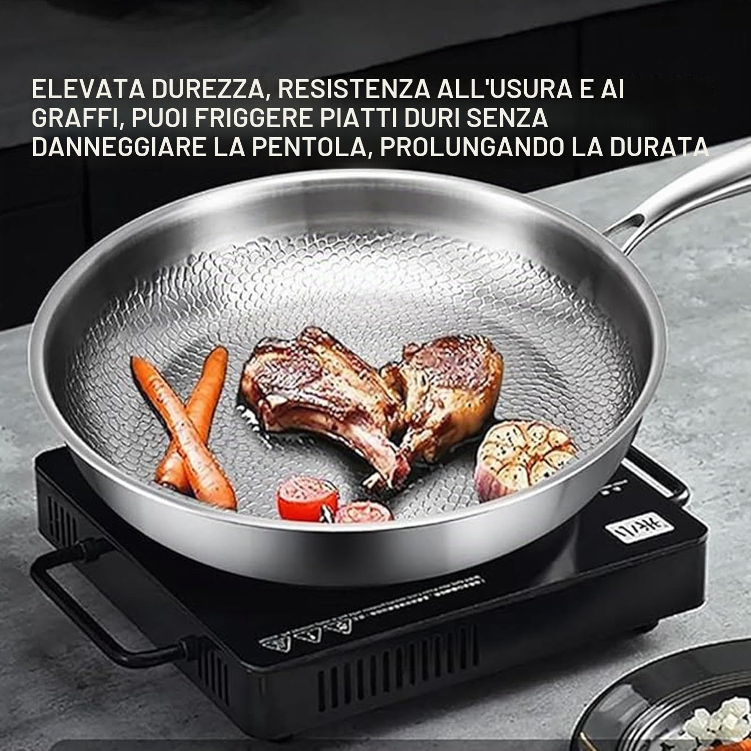 Generico Padella titanio con spatola, wok antiaderente martellato in titanio Nutrition per cucinare, non rivestita, padella Pro induzione, per cucina e campeggio (Con Coperchio, 32cm)