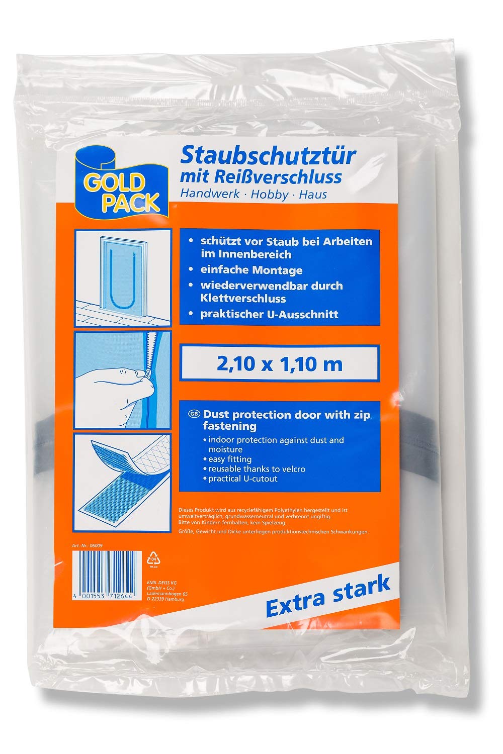 GOLDPACK Staubschutztür, mit Reißverschluss, transparent, 1 Karton/12 Stück
