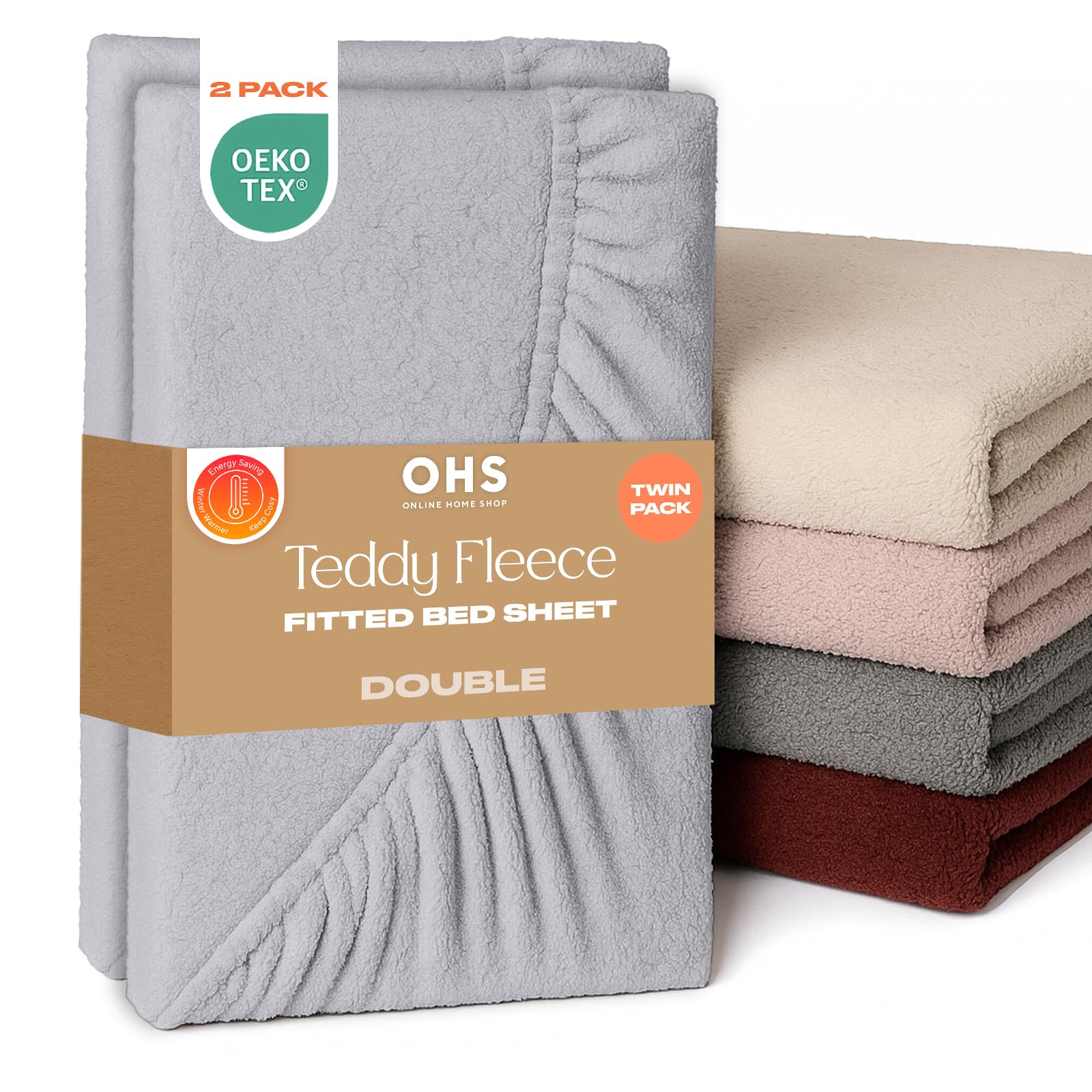 Brentfords Double Fitted Sheets 2 Pack Fleece Bedding, Winter Warm Thermal Teddy Fleece Fitted Sheet Deep Pocket 25cm Fade Resistant Bed Sheets Cuddly Cosy Fluffy Teddy Bear Bedding, Grey Silver