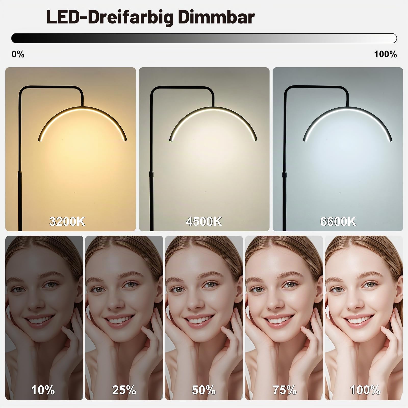 Stehlampe Halbmond Kurve 360°Verstellbarer Lampenkopf Höhenverstellbar 3 Farben Stehlampe Dimmbar LED Stehleuchte Schönheit & Wimpernverlängerung Schreibtischlampe Stehlampen Wohnzimmer