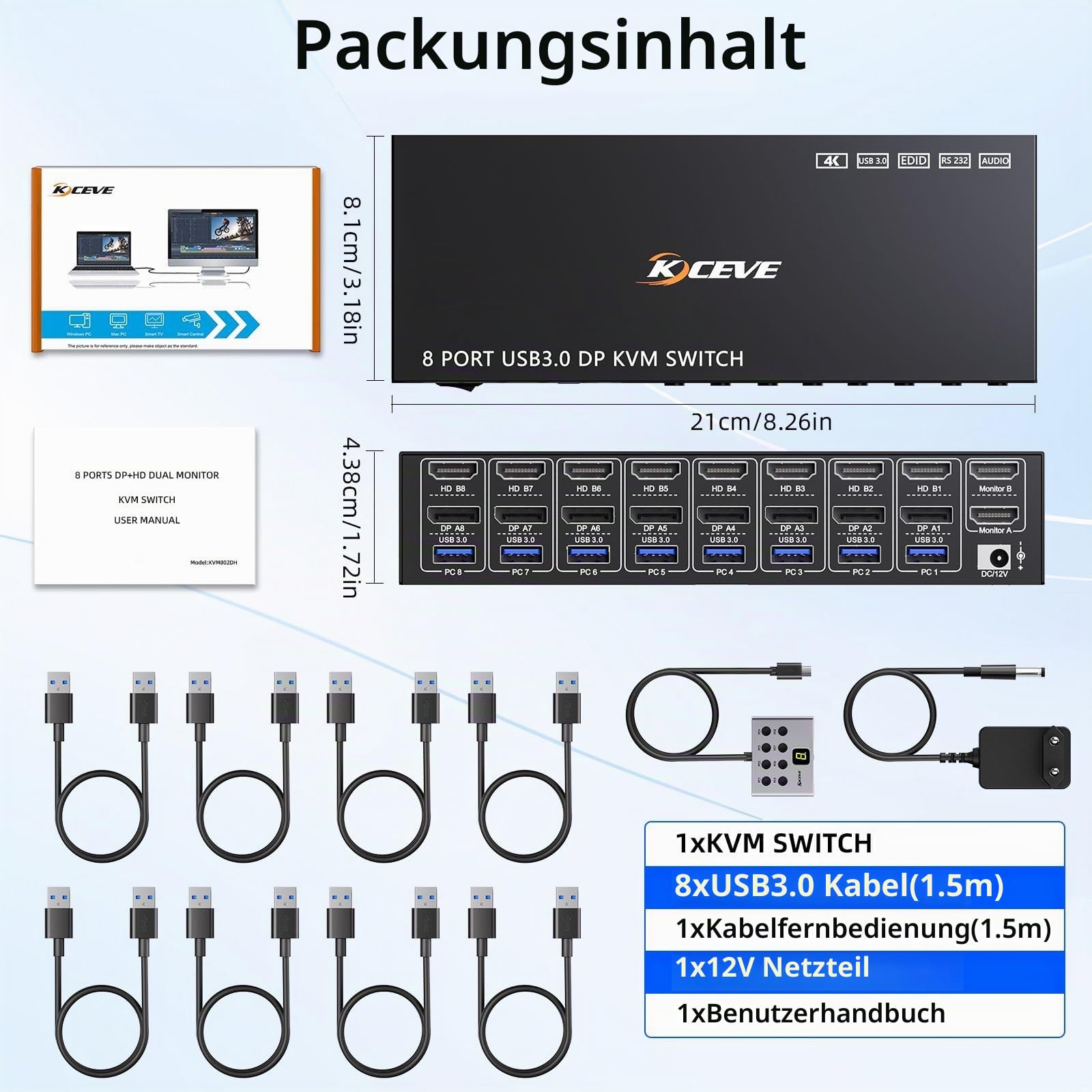 8 Port KVM Switch 2 Monitore HDMI Displayport 4K@60Hz EDID-Simulation, 8 PC Dual Monitor KVM-Switches con 4 USB 3.0 Ports für Tastatur Maus, Audio,RS232,mit Controller,12V Power und 8 USB-Kabeln