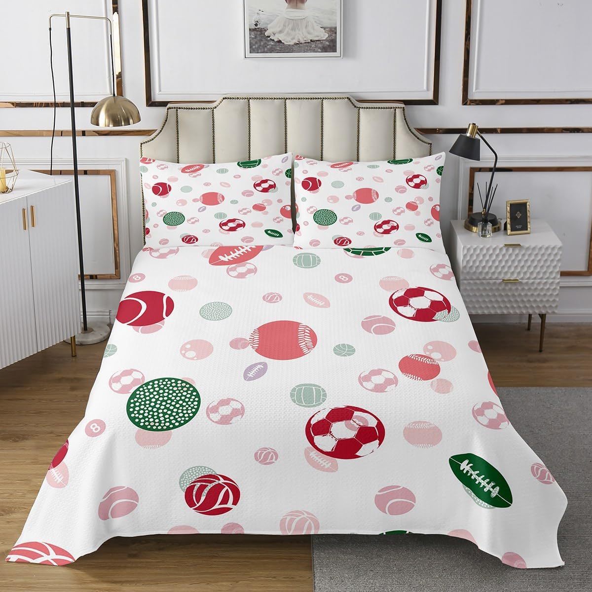 Homewish Football Baseball Bedspread Twin Size,Ball Sport Bedding Sets 2Pcs for Kids Girls Boys Room Decor,Colorful Soccer Volleyball Comforter Set Modern Soft Quilt Coverlet,1 Pillowcase