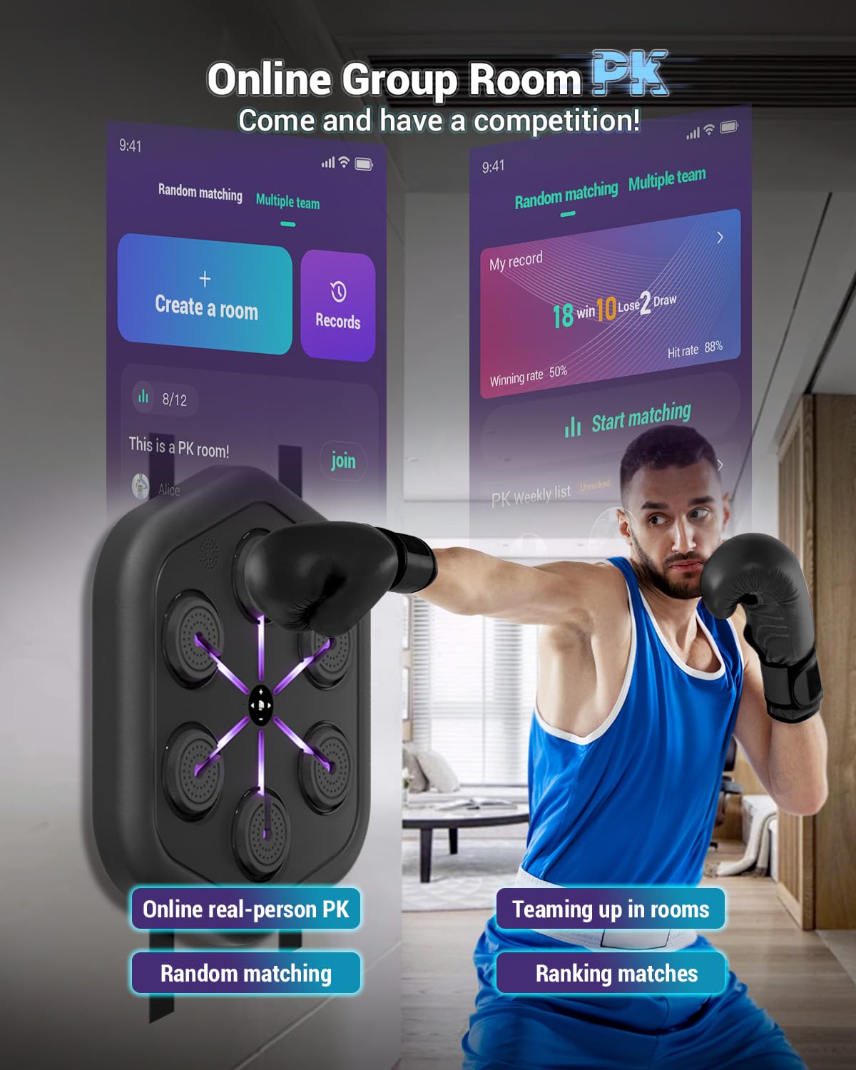 Music Boxing Machine M4, Smart Music Punching Machine with Custom Running Lights, Stereo Sound and APP Control, Wall Mount Boxing Machine for Adults - Home Office Gym Workout Equipment Black