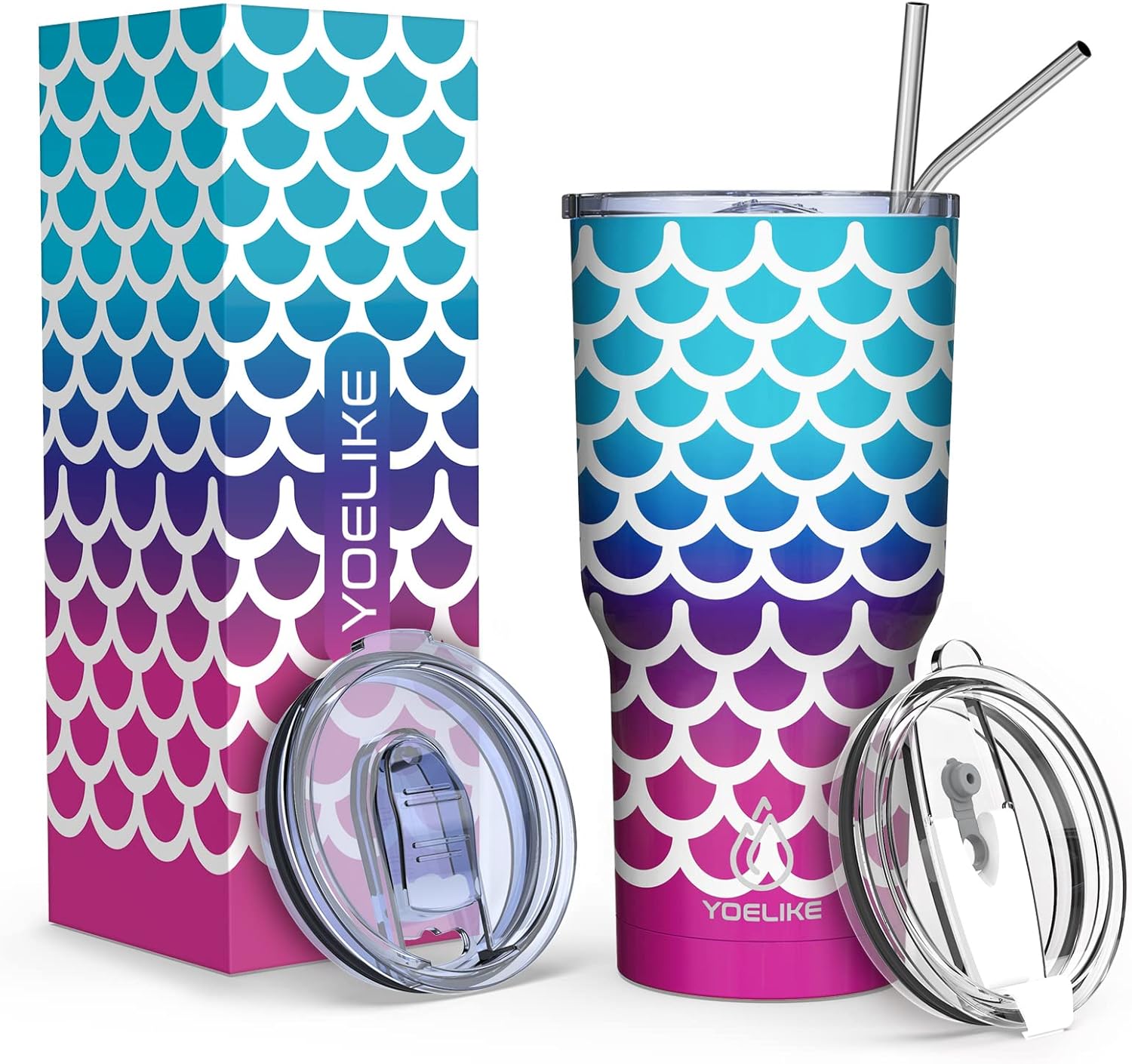 yoelike Mermaid 30 oz Stainless Steel Double Wall Vacuum Insulated Tumbler with 2 Straws, 2 Splash Proof Lid, 1 Straw Cleaning Brush (30 Oz, Mermaid)