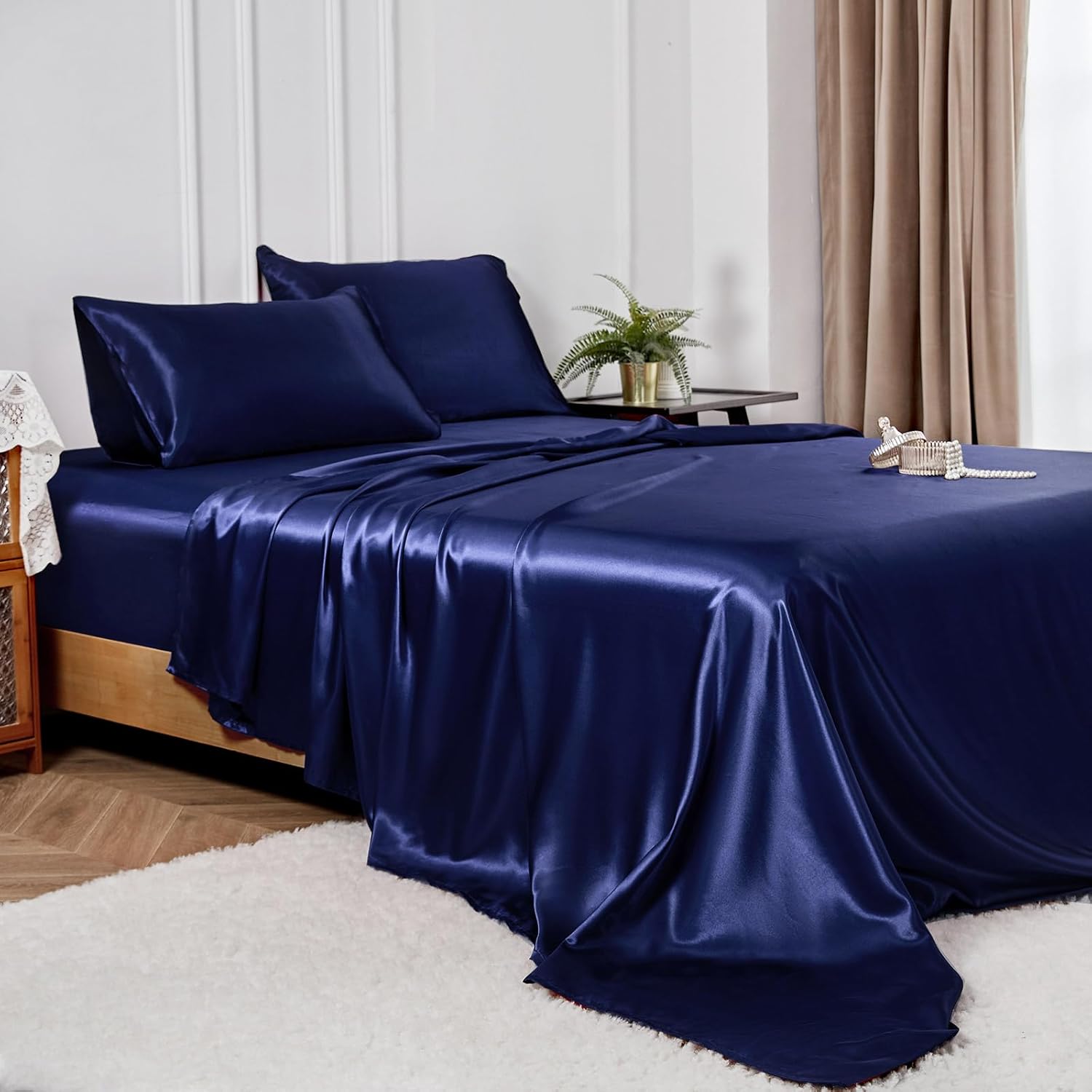 Candoury Satin Sheets Full Size Bed Sheets Set 4 Pcs, Soft