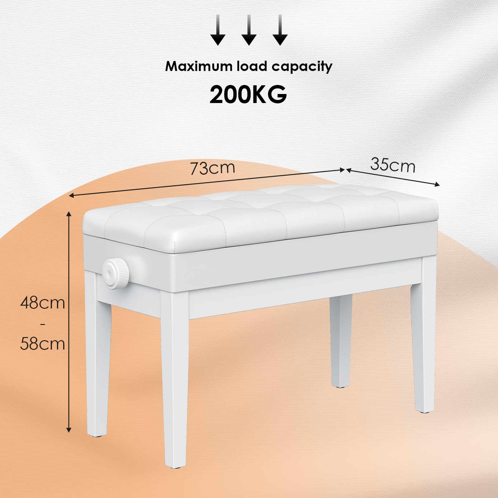 MAMIZO Regulowana wysokość 48-58 cm, ławka fortepianowa 2 osoby z przechowywaniem, krzesło fortepianowe, 4 szt. Nogi fortepianowe z litego drewna, ławka fortepianowa maks. obciążenie 200 kg, biała