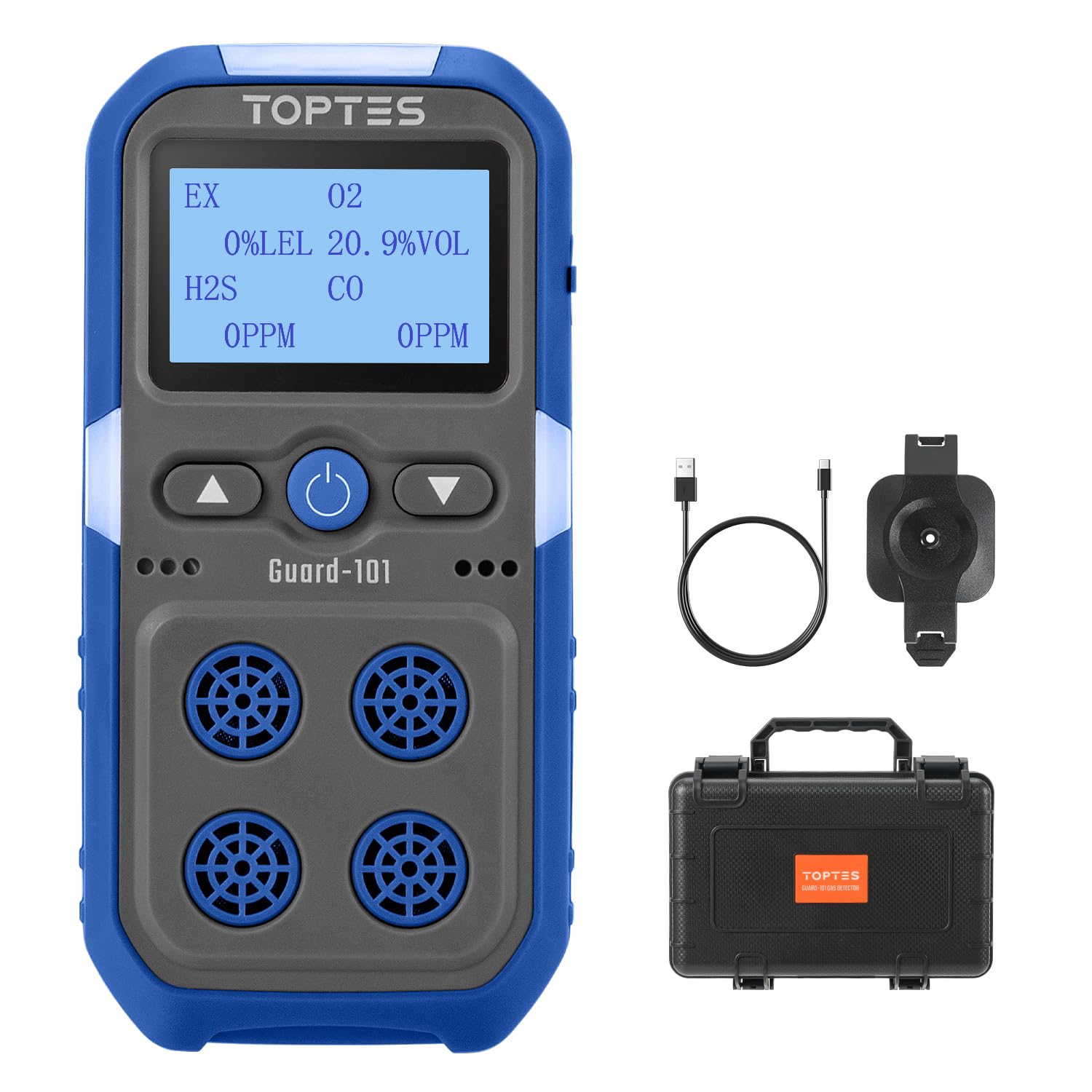 TopTes Guard-101 4-detektor gazu H2S CO LEL O2 z alarmami wibracyjnymi wizualnymi dźwiękowymi, bezpieczeństwo przeciwwybuchowe