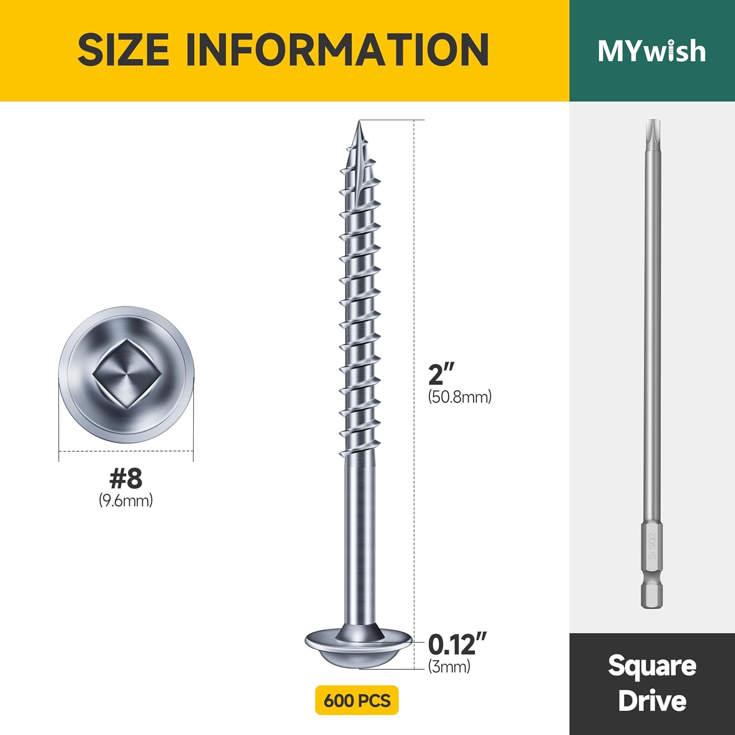 Mywish 600Pcs Pocket Hole Screws 2 Inch, Wood Screws #8 x 2 Washer Head Square Drive Self Tapping Pocket Screws, Zinc Plated, with 150MM Pocket Hole Drill Bit