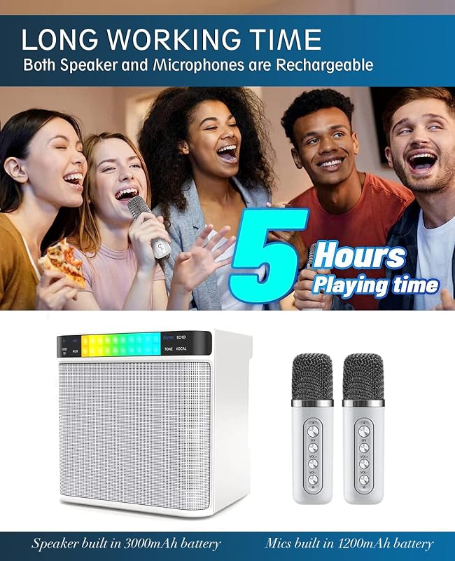 EASJOY Karaoke Rendszer 2 Mikrofonnal Bluetooth Hordozható PA Hangszóró LED Fénnyel
