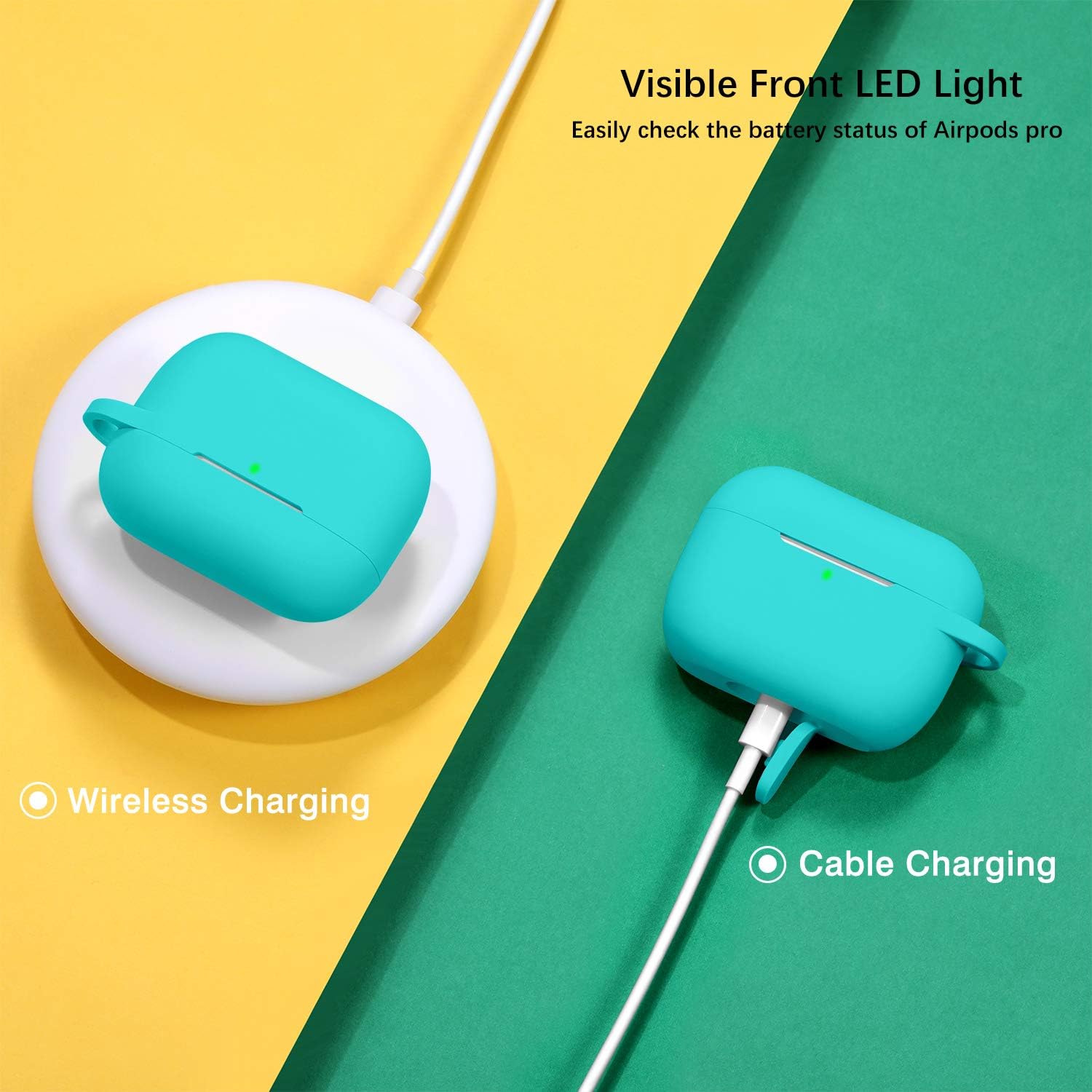 GEAK Compatible with AirPods Pro Case Cover [Front LED Visible], Shockproof Silicone Protective Case with Keychain for AirPods Pro 2019, Teal