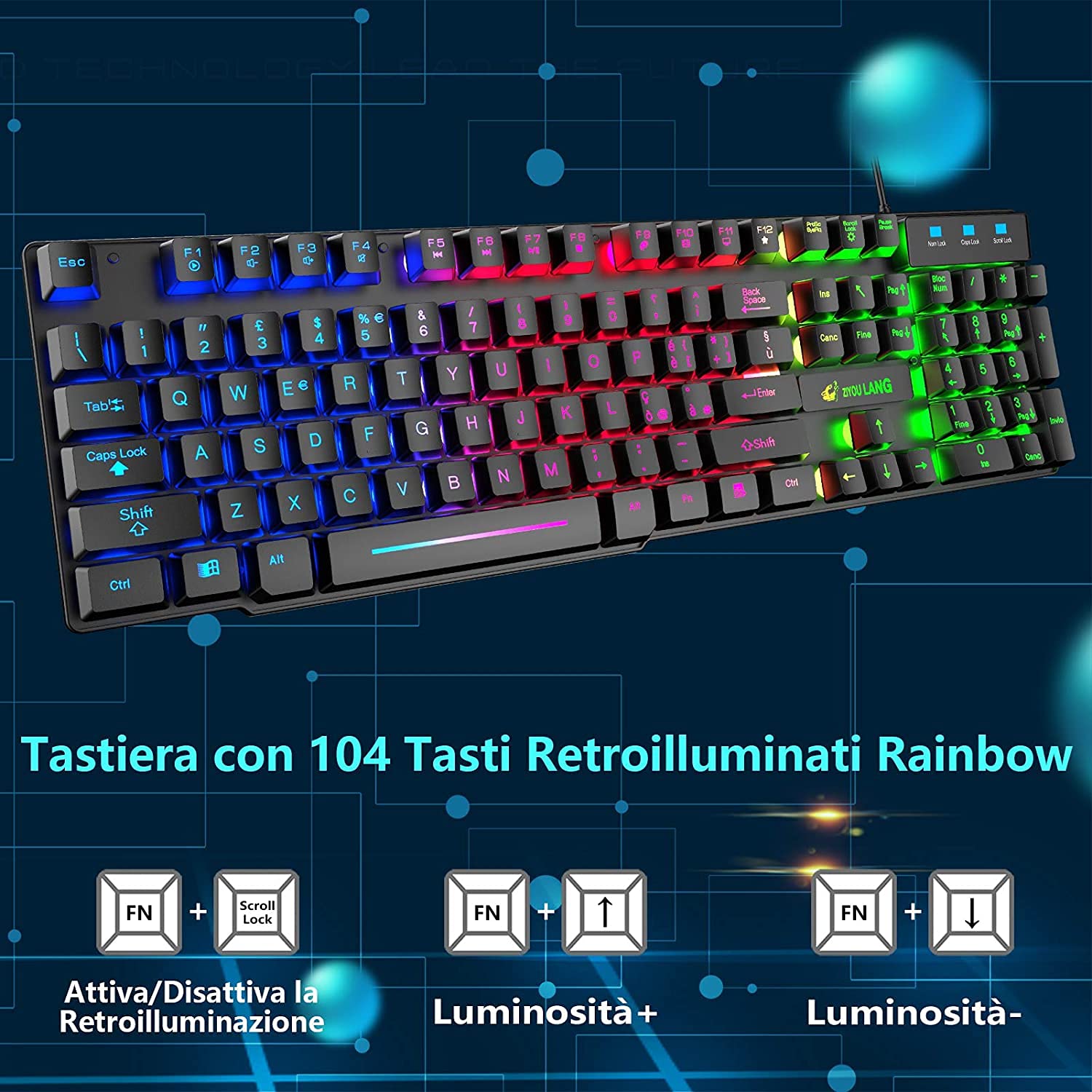 LexonElec T13 Nero IT Layout QWERTY Tastiera e Mouse da Gioco, USB Cablato Retroilluminato LED RGB Arcobaleno 19 tasti non conflittuali, 6 Tasti 2400 DPI colorato Mouse, per Laptop PC Linux PS4 Xbox