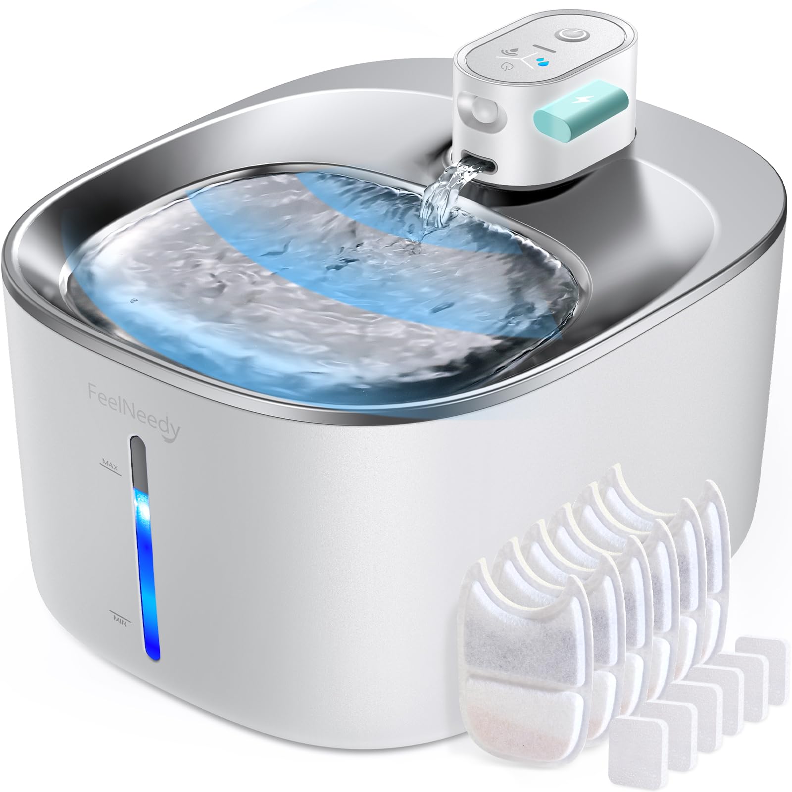 Fontanella per Gatti Senza Fili Acciaio A Batteria Con Sensore Di Movimento, FEELNEEDY 4 Litri Fontana d'Acqua Fresca Senza Corrente, Silenziosa, 4000mah, Con 6 Filtri e 12 Spugne