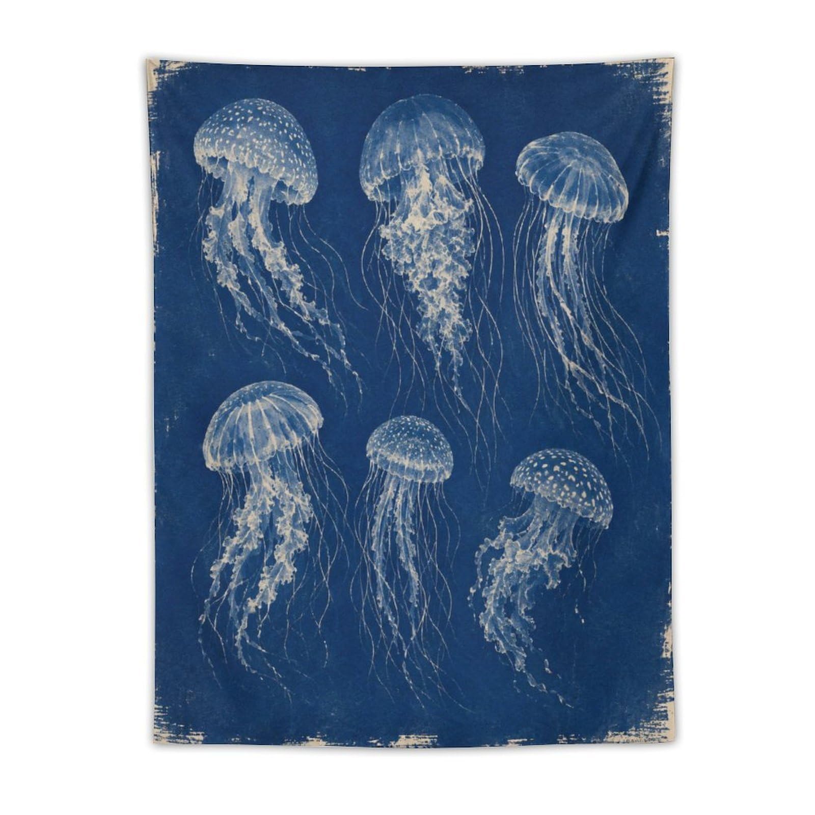 H3B8U2Y5 Blue Jellyfish Study Wall Tapestry, Vintage Poster, Office