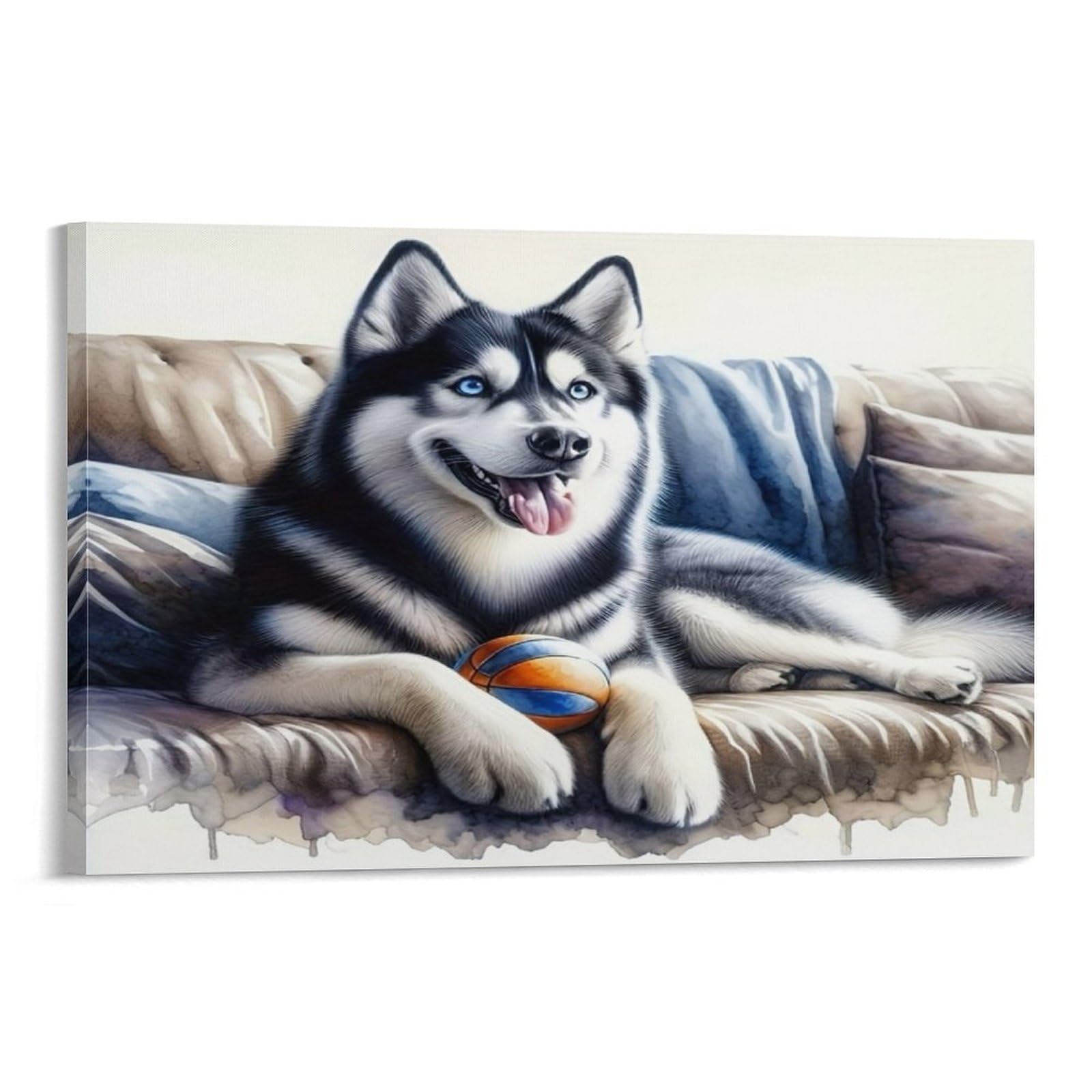 CPLVKWRQJ Siberian Husky Dog 1 Piece Husky with Toy Ball Relaxing on Sofa Wall Art Pieces - Nursery Canvas Wall Hanging Space Saving Ready to Hang Decor 12x18inch(30x45cm)