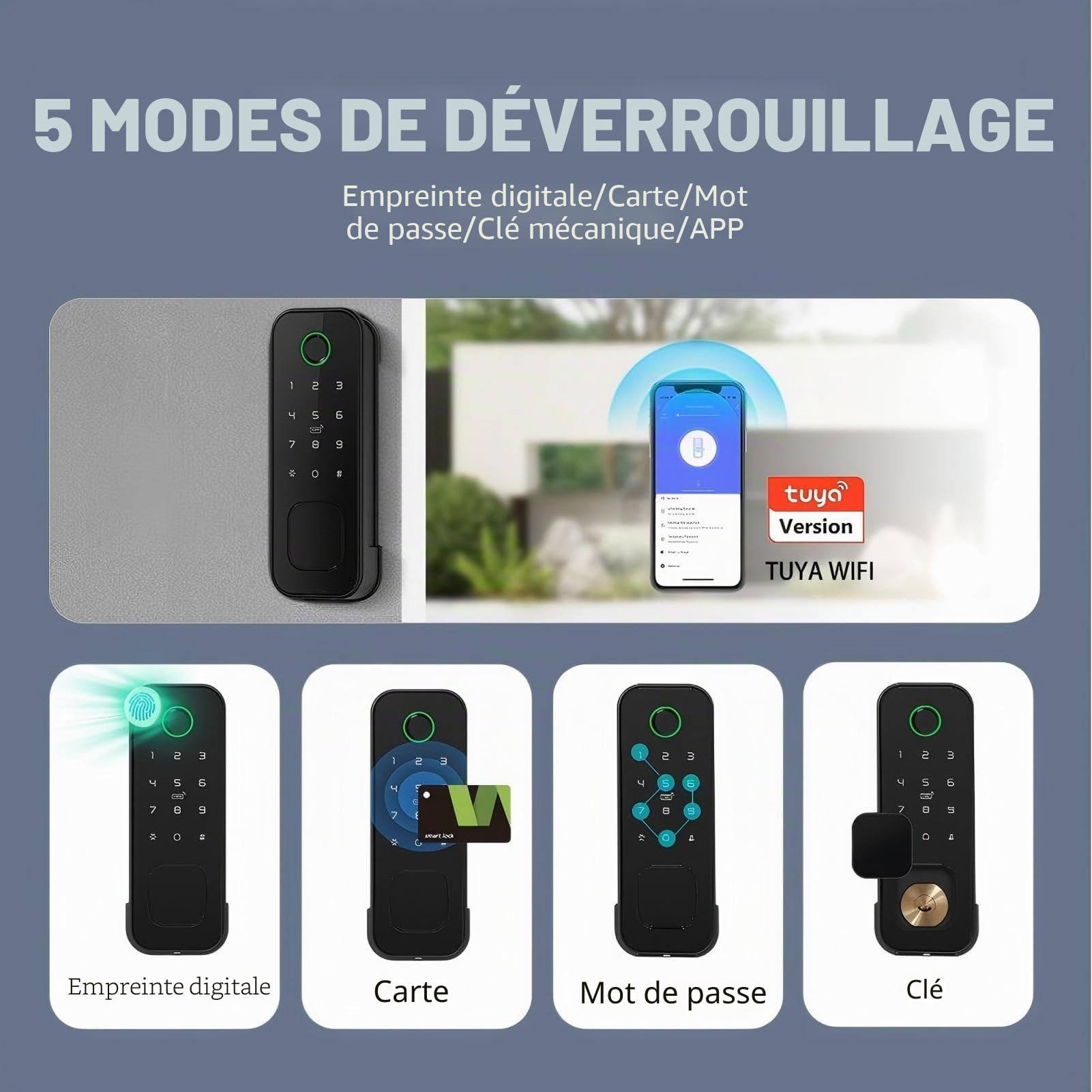 Serrure IP66 WiFi Jardin 5-en-1, Double Empreinte et Carte, (Noir) | Étanche IP66, double empreinte et carte pour ouverture complète, connexion WiFi, parfait pour portail de jardin