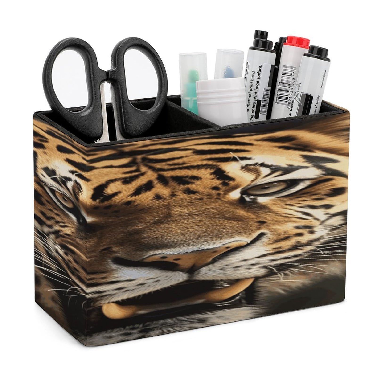 VstaDank Tiger Pencil Holder for Desk(Double Slots) Fashion Leather Pencil Cup Simple Rectangular Shape Pen Holder Multi-Functional Pen Cup for Home Office Supplies Storage