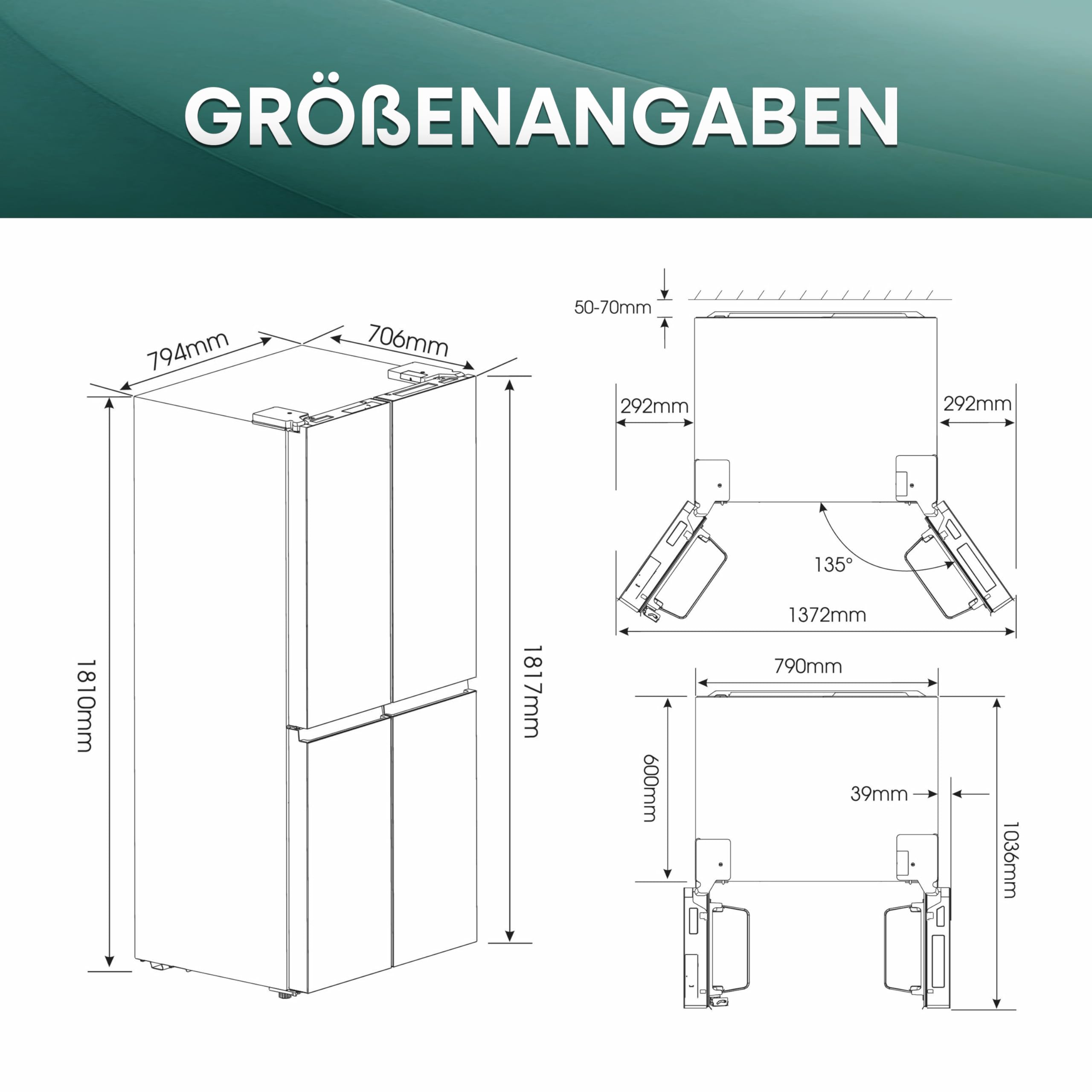 Hisense RQ563N4SF2 Cross Door Kühl-Gefrierkombination/ NoFrostPlus/ Inverter-Kompressor/ HolidayMode/ SuperCool/ 181 cm/ Kühlteil 294 l/ Gefrierteil 160 l/ 40 dB/ 279 kWh/ Jahr/ Schwarz