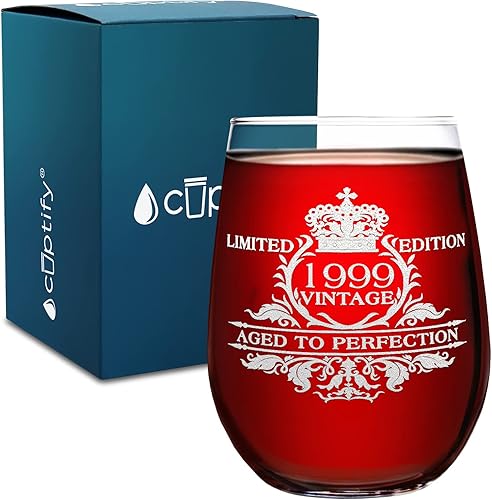 Miniatura 7 de Cuptify Regalos personalizados de cumpleaños 24 para mujeres, edición vintage de 1999, copa de vino sin tallo, regalos de aniversario de cumpleaños