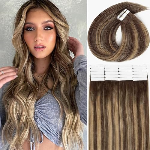 Lacer Extensiones de cabello humano con cinta adhesiva, sin costuras, pegamento sedoso y liso, balayage, color marrón oscuro que se desvanece a