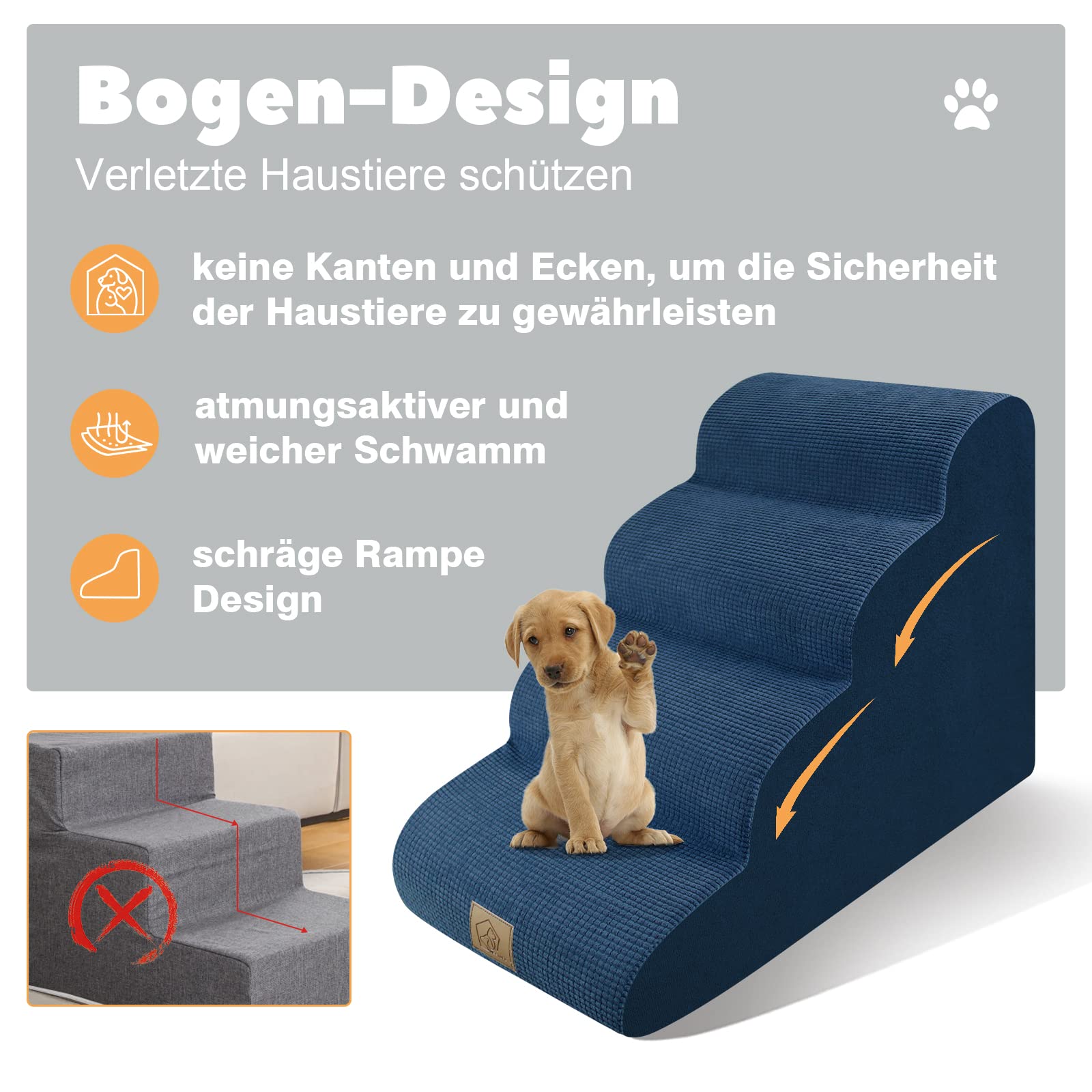 BosermenPet Hundetreppe 4-stufig – Waschbare Rampe Für Sofa & Bett, Rutschfester Schwamm, Für Haustiere Bis 45 Kg