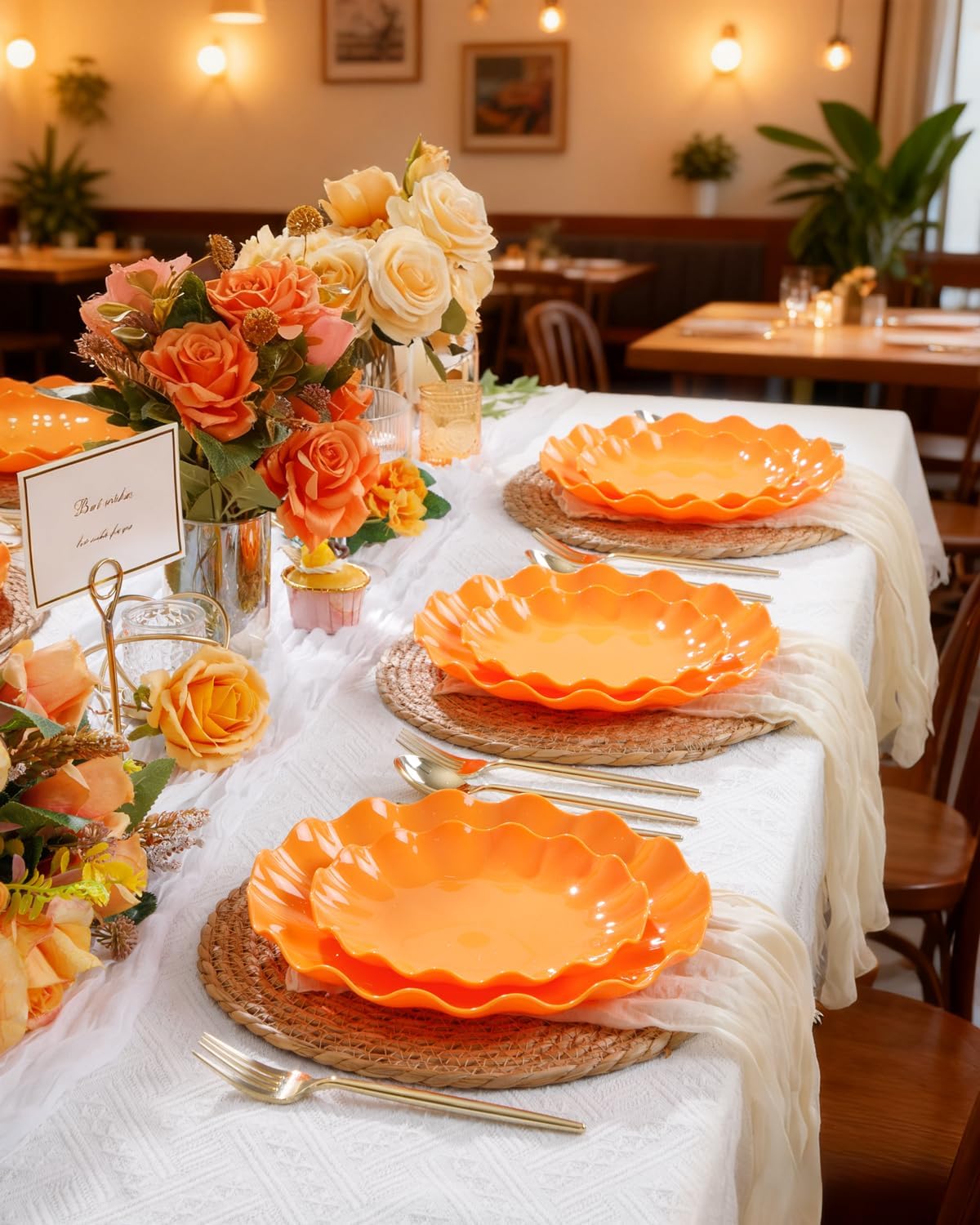 LIYH 24 Pcs Orange Plastic Plates Reusable Orange Plates Scalloped Plastic Plate for Holiday Party Dishwasher Safe Sturdy Reusable (12 Guests) Suitable for Holiday Gatherings - Image 7