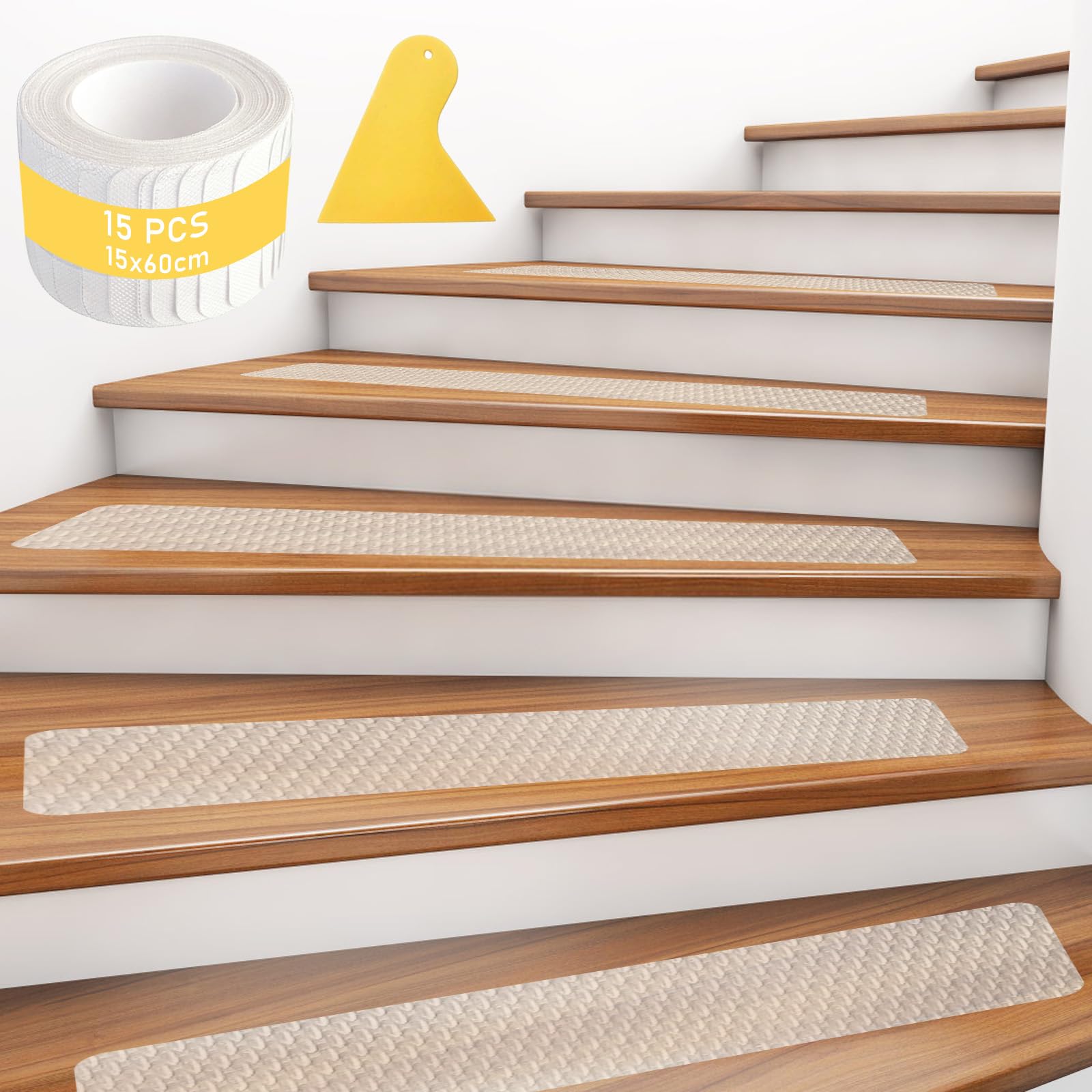 GBKDQQ 15 tappetini antiscivolo per scale, 15 x 60 cm, trasparenti, autoadesivi, impermeabili, antiscivolo, per gradini in legno, marmo, pavimento