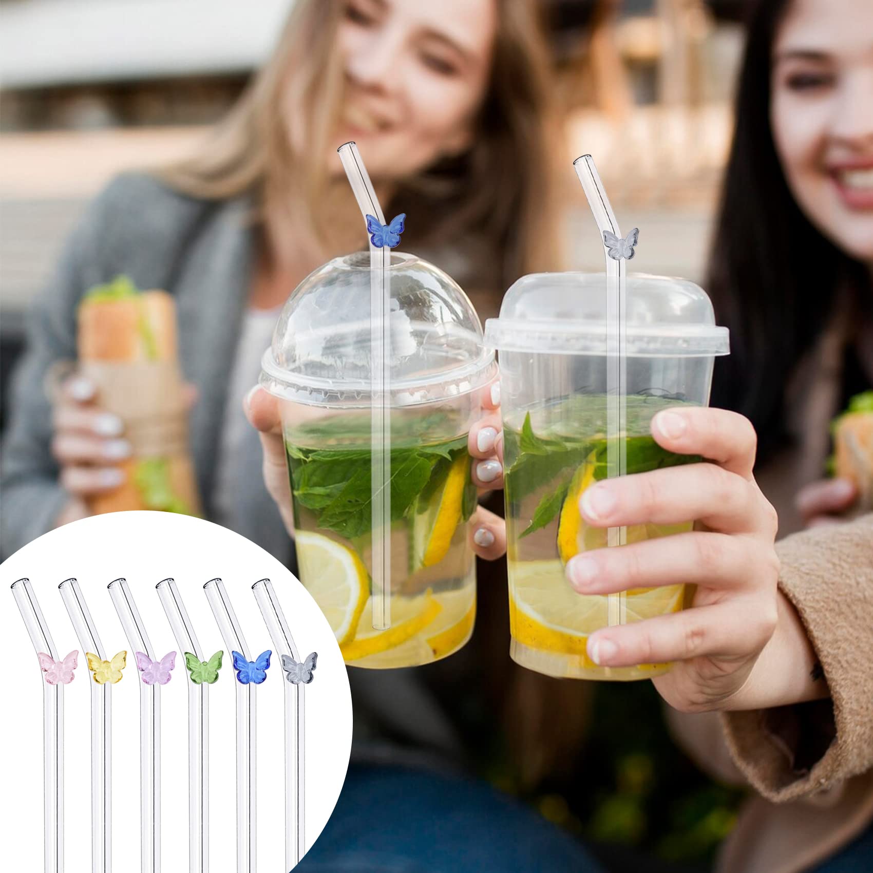 Lot De 6 Pailles En Verre Incassables Réutilisables - Ondulées, Colorées, Avec Brosse De Nettoyage Pour Boissons Froides Ou Chaudes