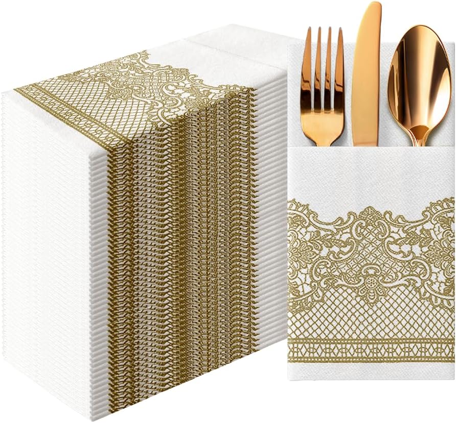 PAW - Linen Feel Napkins with Built-in Flatware Pocket, Soft and Absorbent Paper Pre-Folded Napkins with Gold Lace, Elegant Guest Towels, Wedding Party, Dinner, Birthday, Gatherings, 50 Count