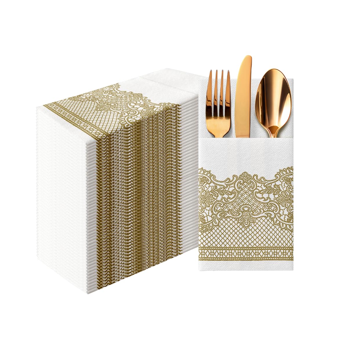 PAW - Linen Feel Napkins with Built-in Flatware Pocket, Soft and Absorbent Paper Pre-Folded Napkins with Gold Lace, Elegant Guest Towels, Wedding Party, Dinner, Birthday, Gatherings, 50 Count