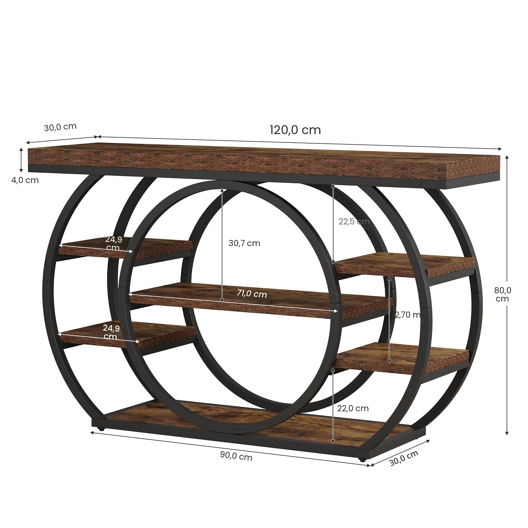Tribesigns Table Console avec Base Circulaire étroite 120 x 30 x 80 cm Étagère de Rangement à 4 étages Ferme Industrielle Couloir Table Basse Rustique (Brun foncé)