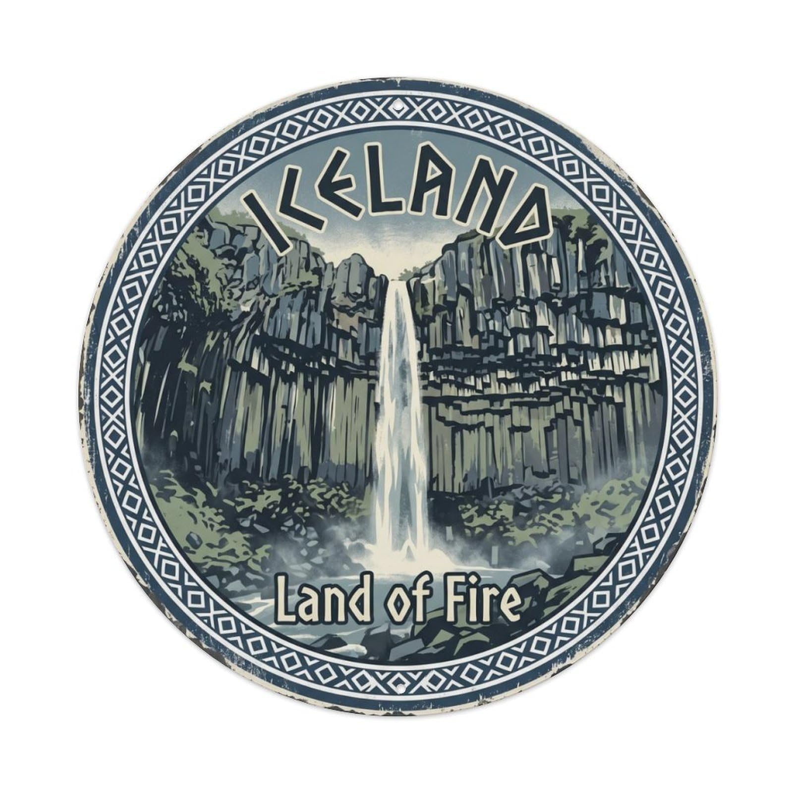 Vintage Travel Iceland Waterfall Nature Metal Tin Sign Plaque Wall Decor for Cafe, Club Bar, Office, Home Garden Round Metal Poster 8x8Inch