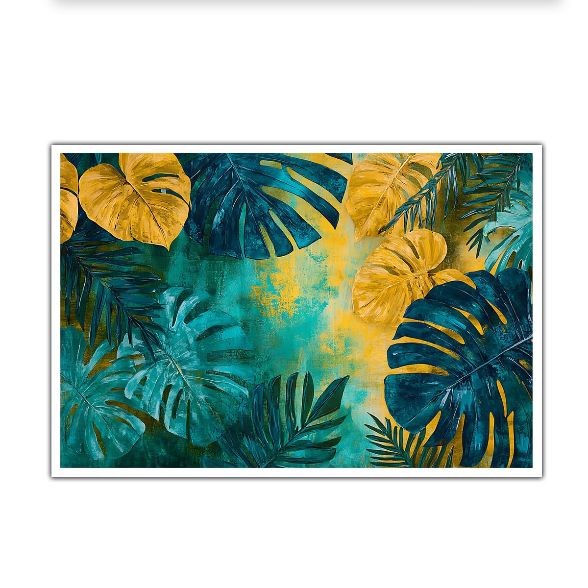 CHERHERART Teal Yellow Tropical Monstera Palm Leaf Canvas Wall Art Bold Boho Jungle Canvas Decor for Living Room Bedroom Study Botanical Poster 40x60cm Frameless
