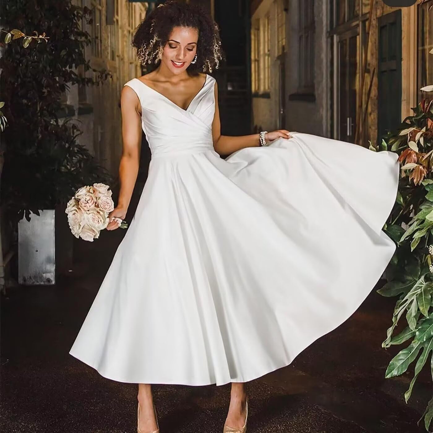 Satin Tea Length Wedding Dress for Bride Simple A Line Midi V Neck Simple Formal Bridal Party Gown