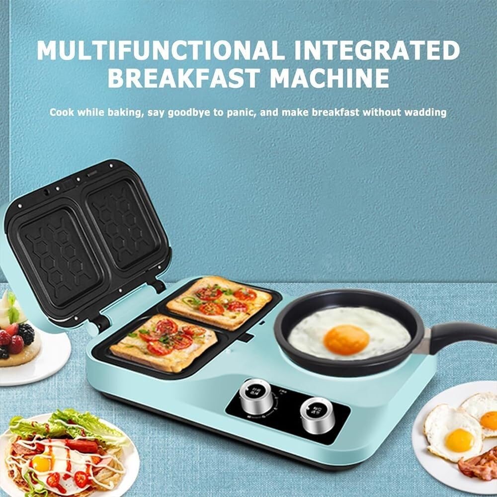 4In1 Breakfast Maker Station, 800W Electric Sandwich Breakfast Machine with Non stick Griddle, Breakfast Machine