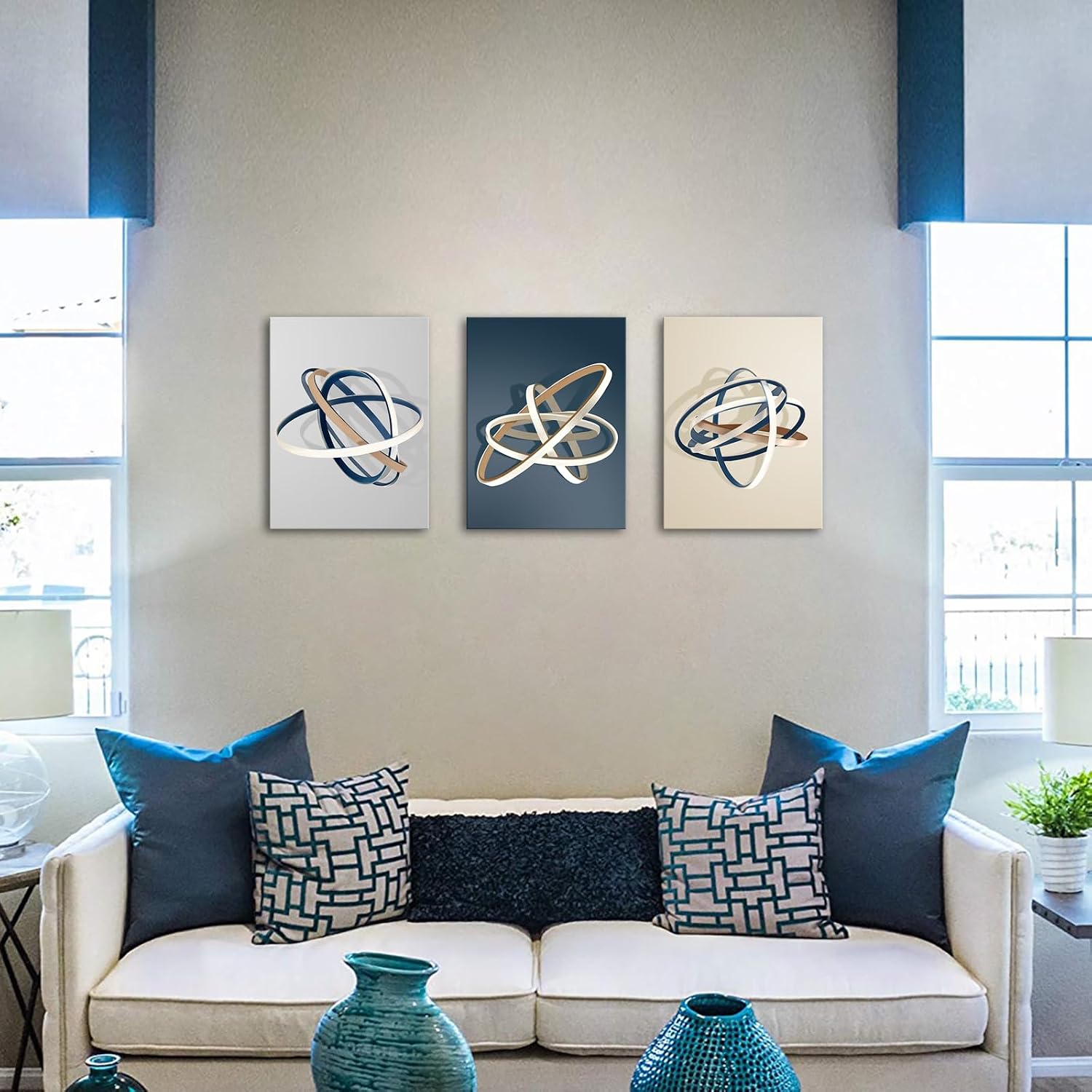 Biuteawal 3 Piece Abstract Wall Art Circle Painting Gray Blue Golden Picture Contemporary Artwork Modern Home Office Bedroom Living Room Decor Framed Ready to Hang image 2