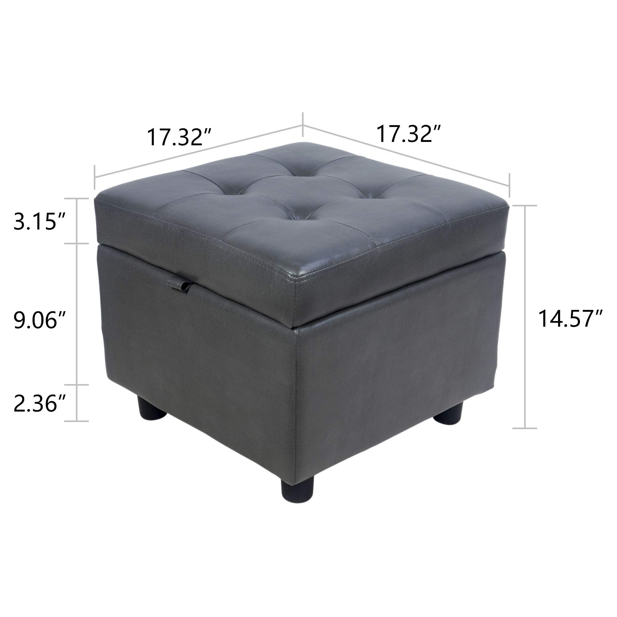 H&B Luxuries Tufted Leather Square Flip Top Storage Ottoman Cube Foot Rest (Grey with Storage)