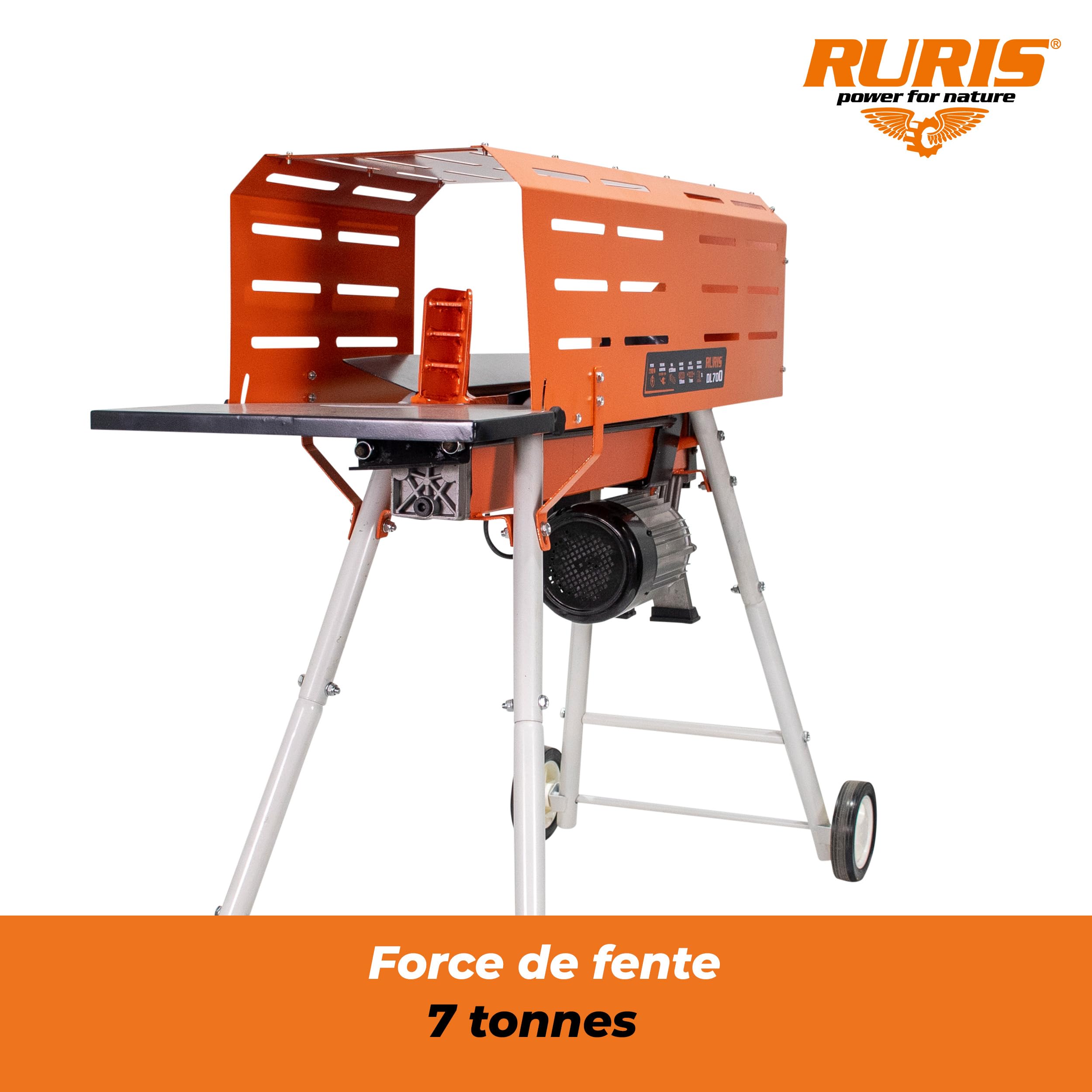 RURIS POWER FOR NATURE Fendeur de bûches électrique DL700-2200W, 7 tonnes, Capacité 52cm x 25cm - Avec Support et Cage