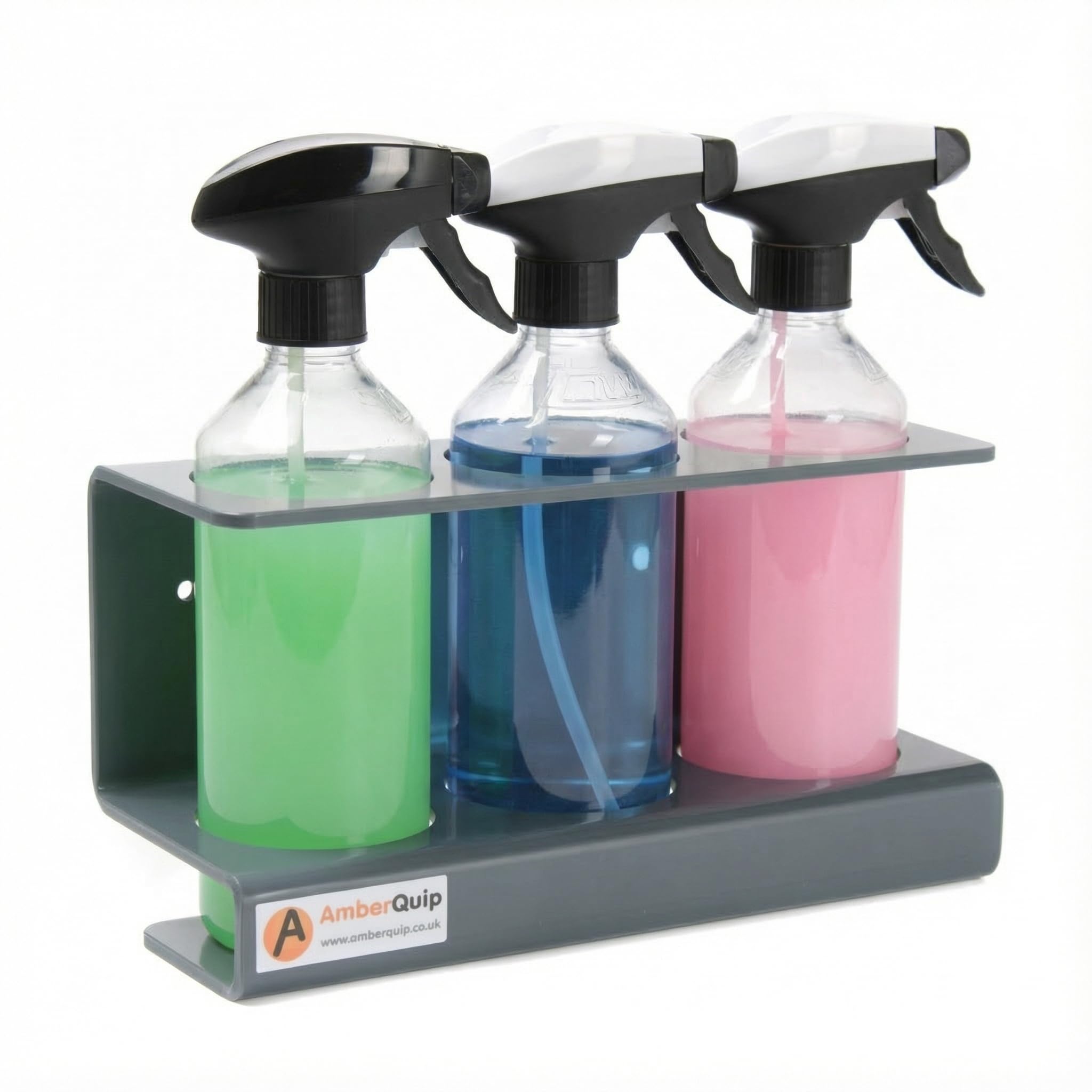 Amberquip Trigger Bottle Storage Holder. Suits Spray Bottles 70mm Dia. Wall/Van Racking Mount. Ideal for Valeting Trades. Grey PVC.