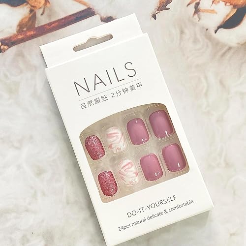 Miniatura 10 de Uñas postizas cortas a presión, uñas postizas cuadradas acrílicas con diseños morados y rosas brillantes, uñas adhesivas de cobertura completa, uñas