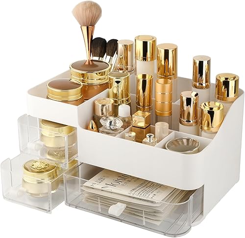 Lirunshe Organizador de maquillaje para tocador, organizador de escritorio de gran capacidad con cajones para cosméticos, encimera de baño,