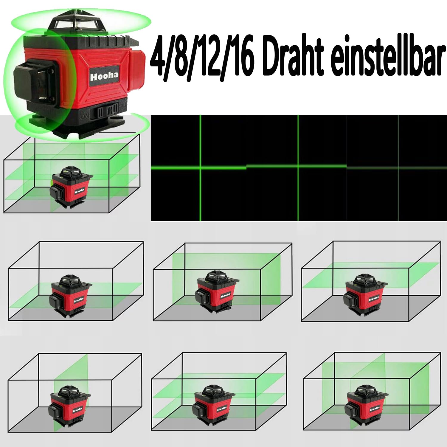 Hooha Kreuzlinienlaser Grün 16 Linien Niveliergeraet Laser 4x360°Kreuzlaser Baulaser Multifunktionaler mit Horizontalen&Vertikalen Linien&100cm Stativ&2Akkus&Fernbedienungen&Praktische Tragetasche