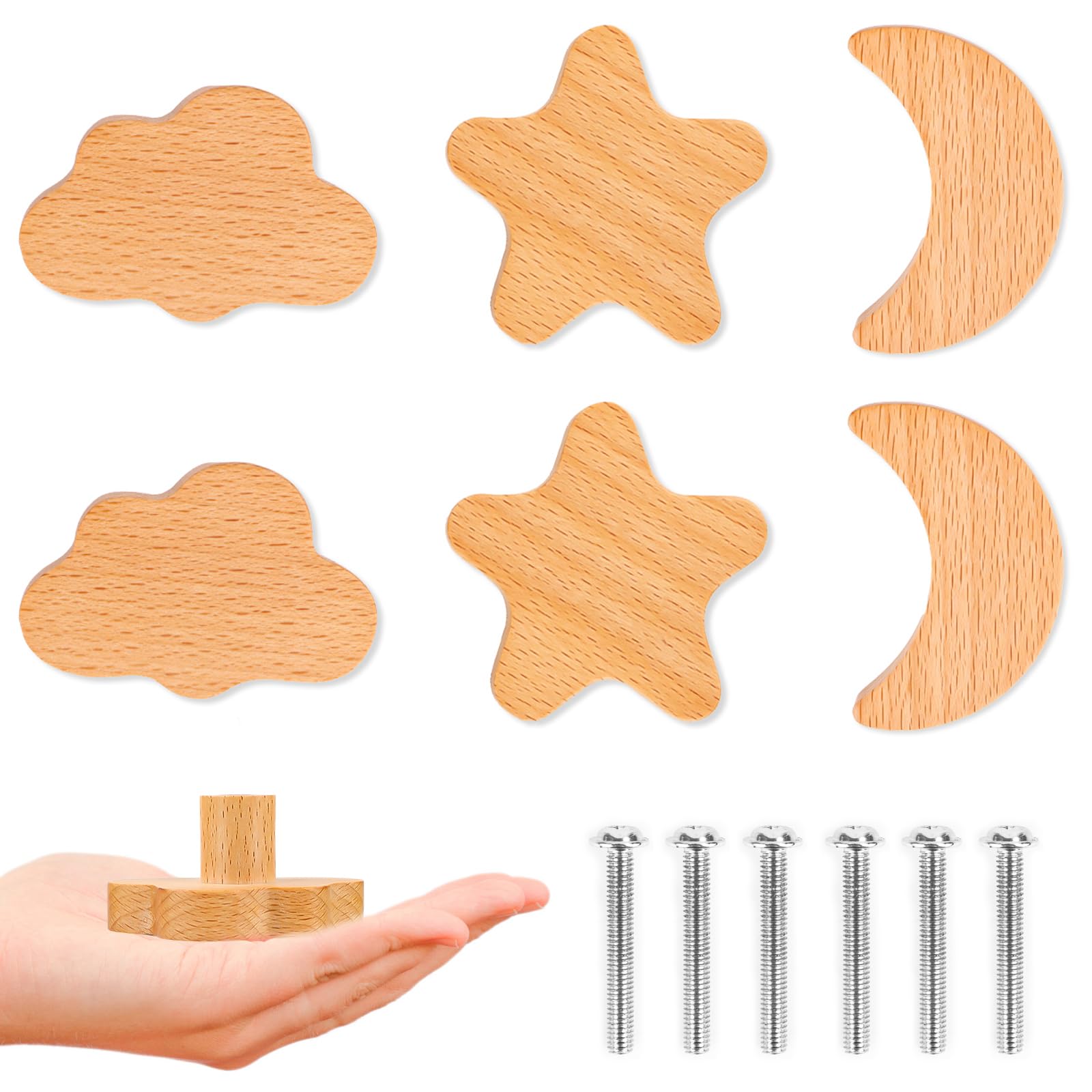 RUNEAY Children's Wooden Furniture Knobs, Pack of 6, Cabinet Knobs, Children's Wood with 30 mm Screws