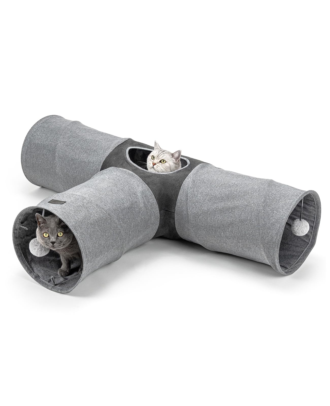 lionto 3-Wege Katzentunnel mit Spielball, 30x120x80 cm, Faltbarer erweiterbarer Spieltunnel aus pflegeleichtem Faux-Linen-Material für Katzen, Robustes Katzenspielzeug, 30 cm Durchmesser