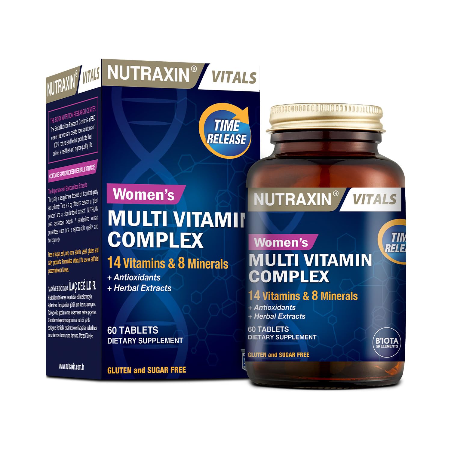 Nutraxin Multivitamin Complex Kadın – 14 Vitamin, 8 Mineral ve Bitkisel Ekstre İçeren Kadınlara Özel Takviye – 60 Tablet – Vegan