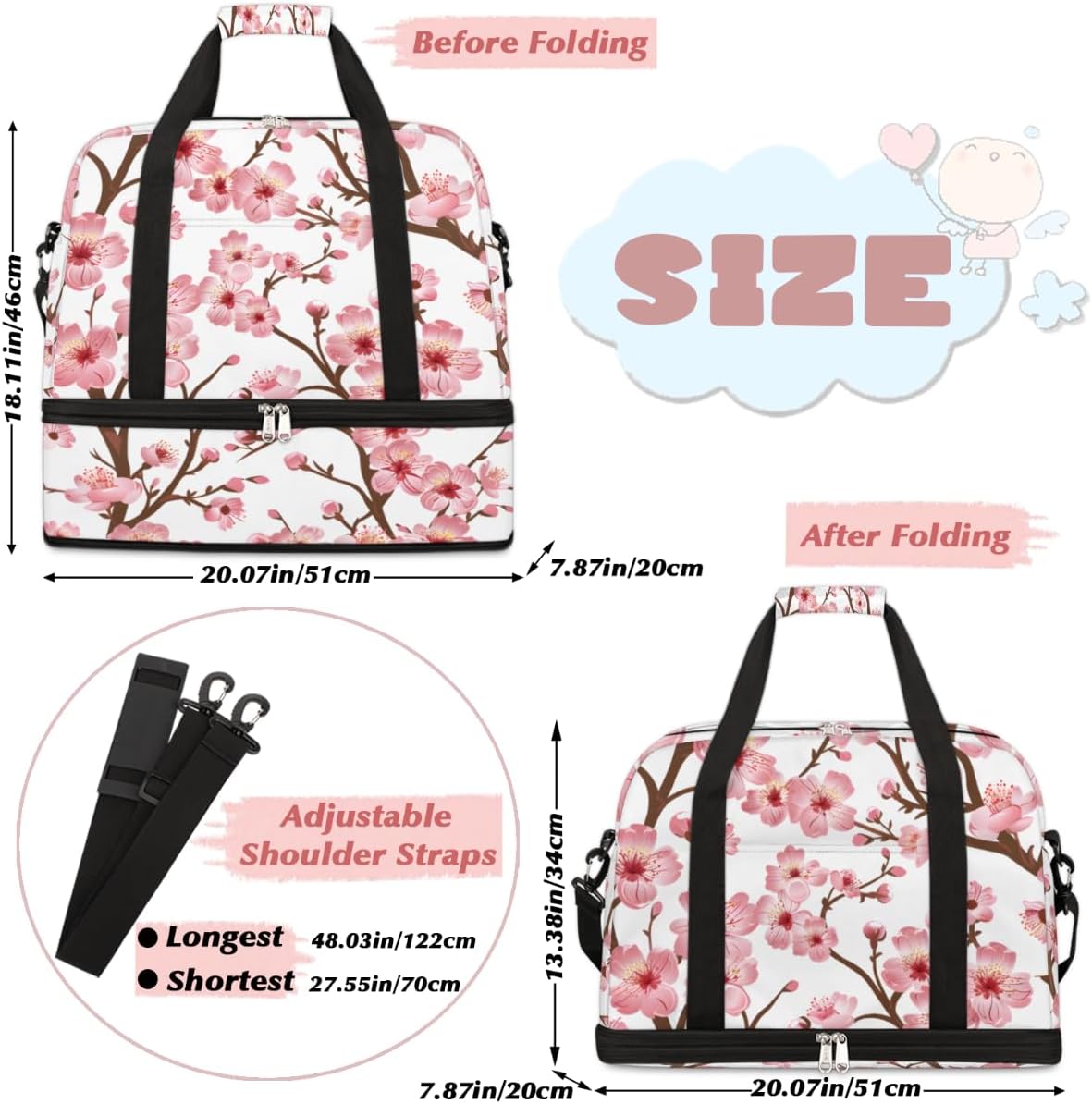 Foldable Travel Duffel Bag for Women, Overnight Weekender Bag Cherry Blossom Floral Carry on Duffel Bag Luggage Sports Gym Tote Bag with Shoes Compartment, Water Rresistant Shoulder Bag
