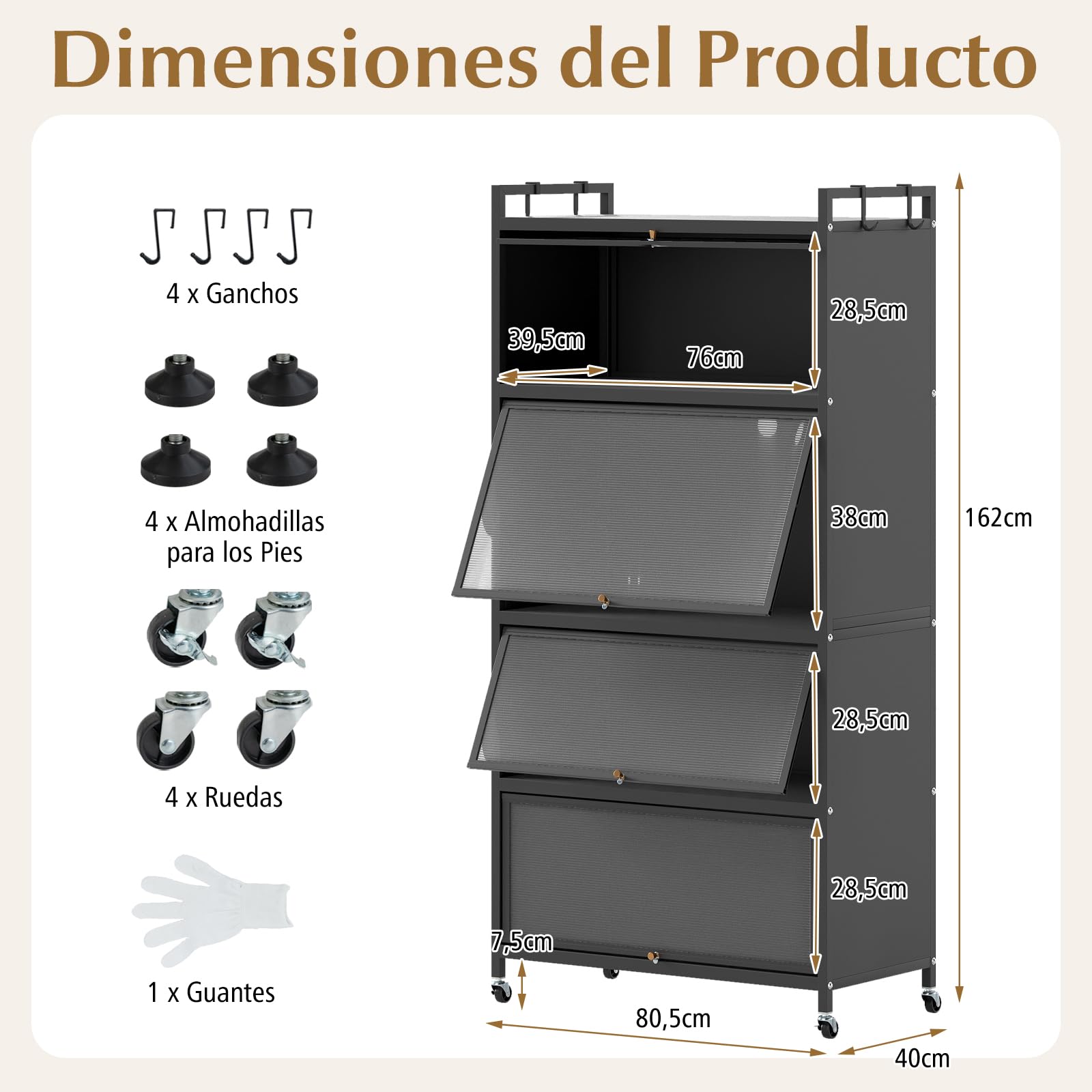GIANTEX Aparador Buffet de Cocina con 4 Compartimentos, Armario de Metal con Puertas Abatibles, 4 Ganchos y 4 Ruedas y 4 Patas, Kit Antivuelco, 80,5x40x162cm, Estantería para Comedor, Salón (Negro)