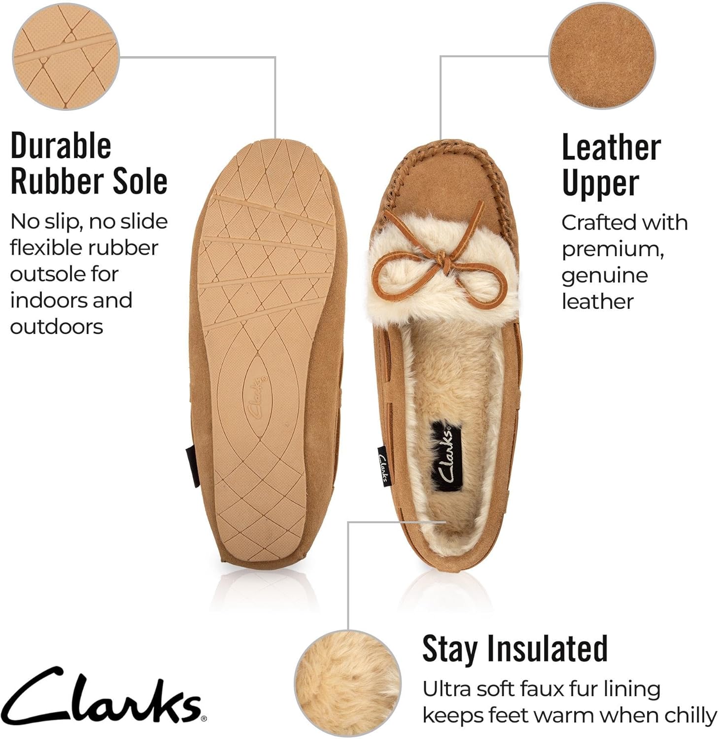 Clarks Holly Folded Tongue Moccasin Slipper Indoor Outdoor House Slippers Cinnamon